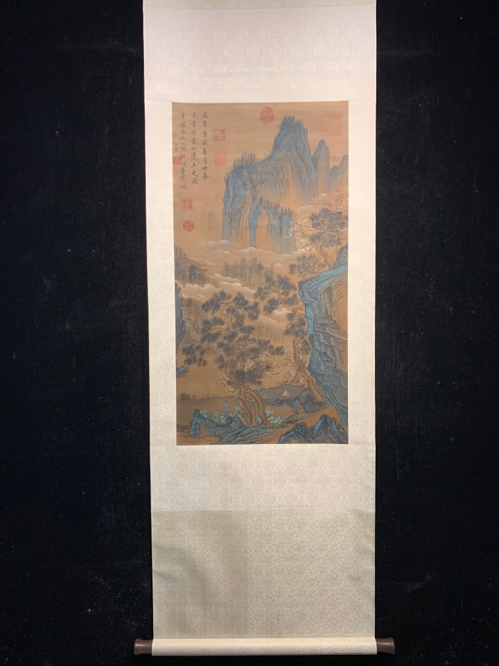 A Chinese Vertical Scroll Ink Painting of Landscape and Figure on Silk,Tang Yin: A Chinese Vertical Scroll Ink Painting of Landscape and Figure on Silk,Tang Yin,Size:(Without frame)33.9inx17.3in 一幅中国水墨绢本山水ߟ