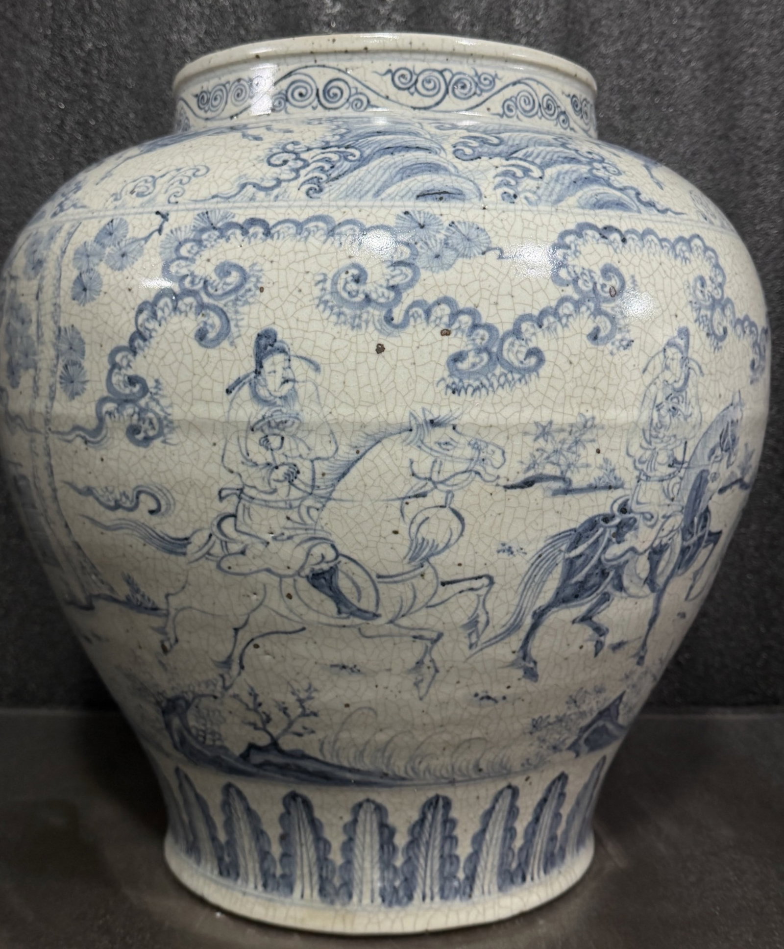 A Huge Blue and White Character and Story Pattern Vase: A Huge Blue and White Character and Story Pattern Vase,Qing Dynasty,China,Size:15.9inx14.6in 青花人物故事纹瓶,中国清代