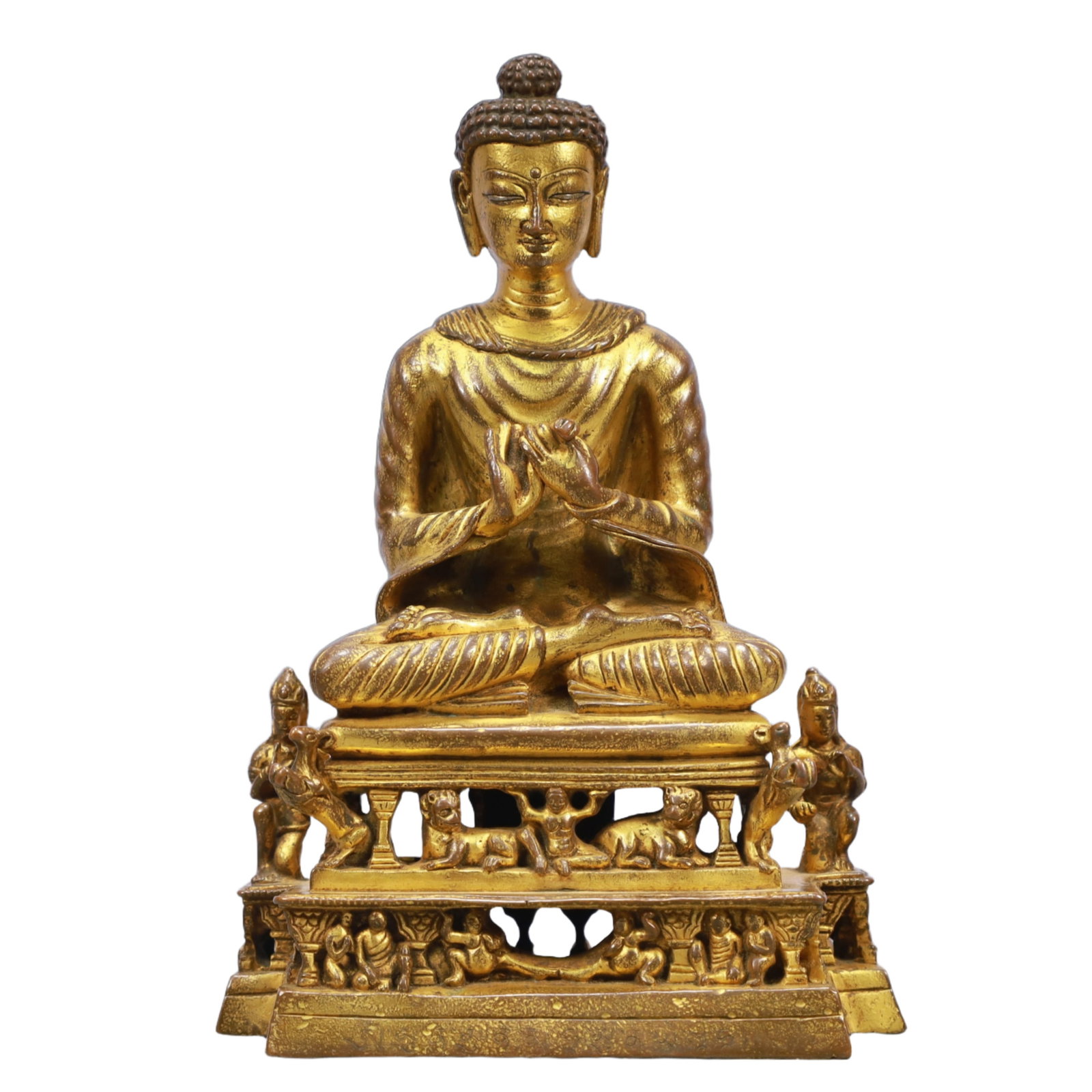 A Solemn Gilt Bronze Statue of Sakyamuni: A Solemn Gilt Bronze Statue of Sakyamuni,Ming Dynasty, China,Size:5.7inx2.8inx7.9in Weight:1650g 铜鎏金释迦摩尼像,中国明代