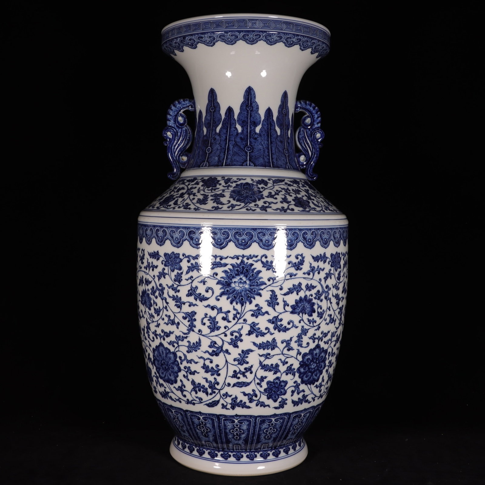 A Huge Blue and White Lotus Pattern Double-Ears Vase: A Huge Blue and White Lotus Pattern Double-Ears Vase,Qing Dynasty, China,Qianlong Six-character Mark,Size:31.1inx15.7inx10.4in 青花缠枝莲纹双耳瓶,