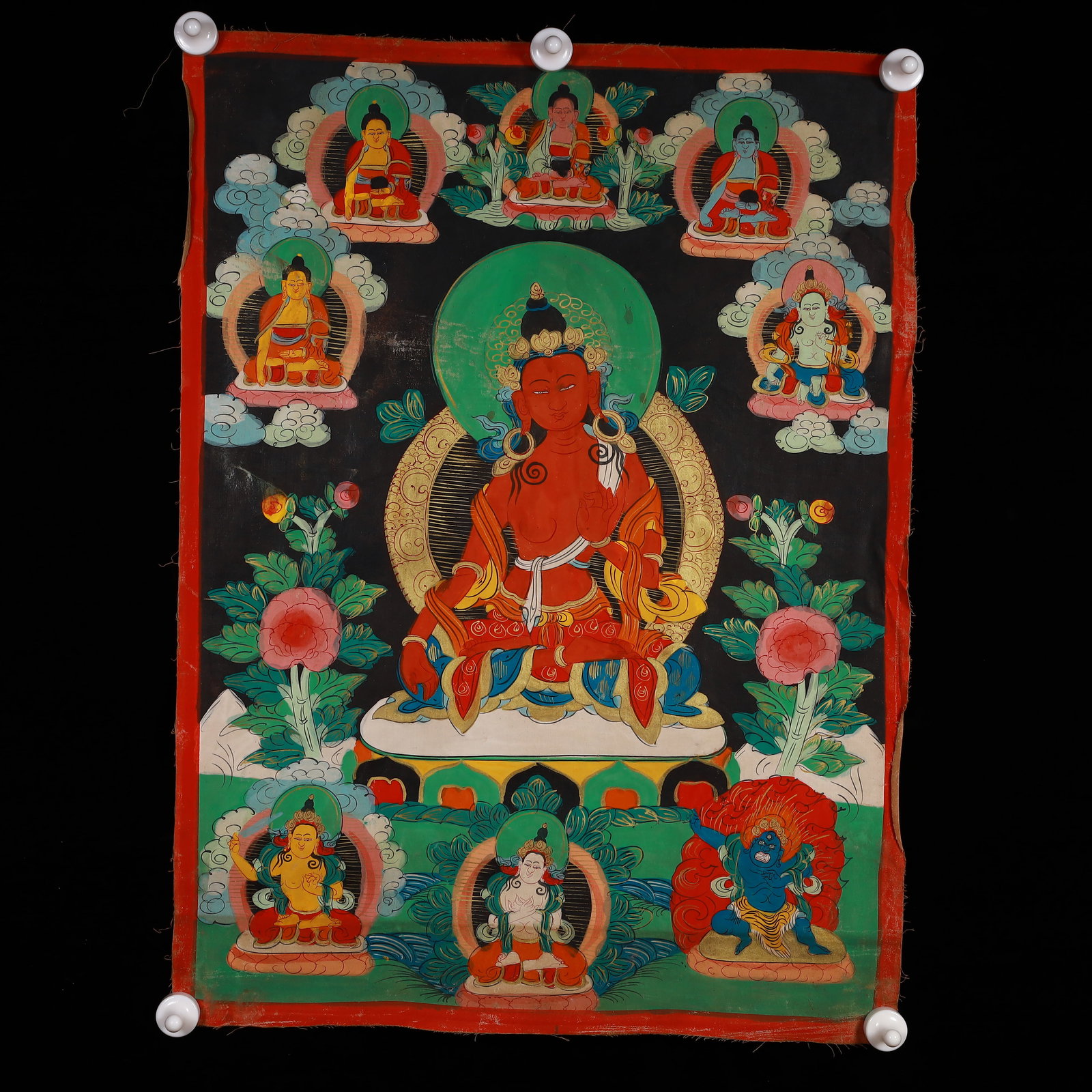 A Rare Painted Color Statue of Tara Tangka: A Rare Painted Color Statue of Tara Tangka,Qing Dynasty, China,Size:20.1inx27.2in 彩绘度母像唐卡,中国清代