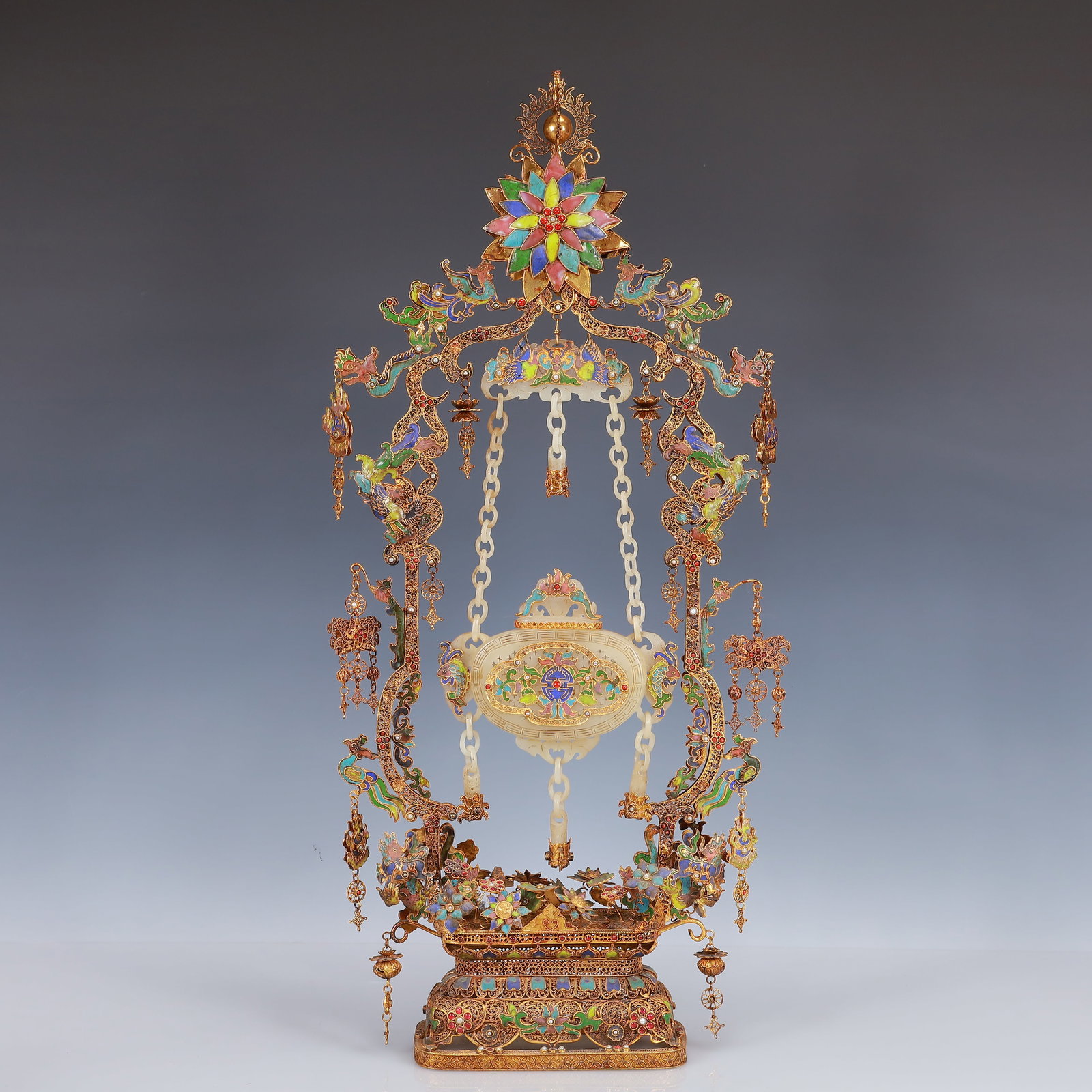 A Huge Filigree and Gilding Inlaid White Jade Double-Ears Vase,Inlaid Gems: A Huge Filigree and Gilding Inlaid White Jade Double-Ears Vase,Inlaid Gems,Qing Dynasty, China,Qianlong Four-Character Mark,Size:11inx3.1inx24.4in,Weight:1600g 花丝鎏金嵌