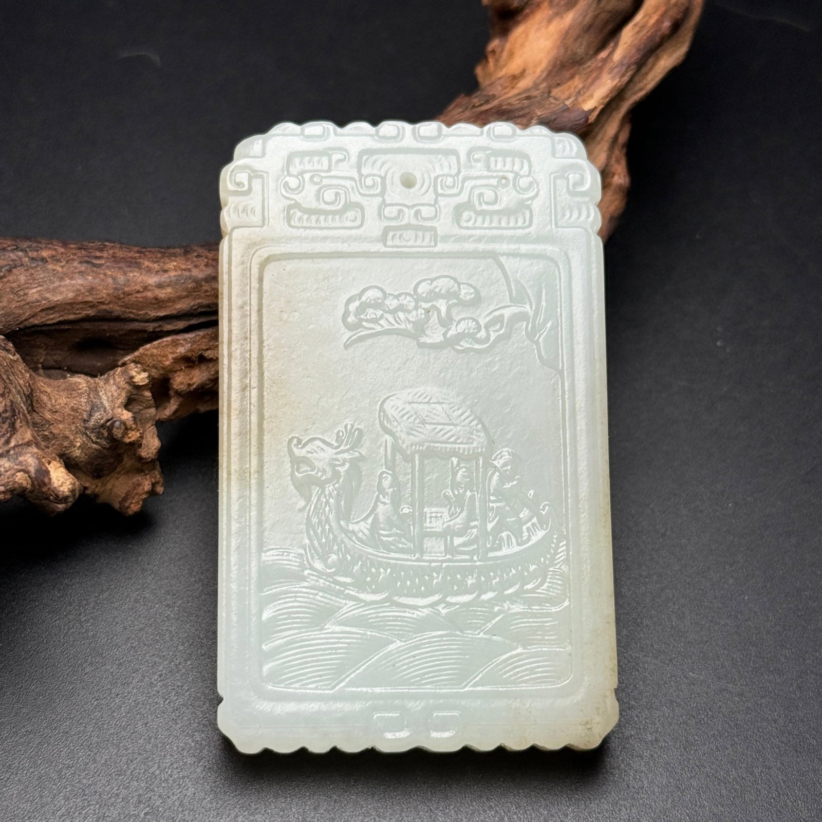 An Exquisite White Jade Landscape and Figure Pattern Pendant,With Poem: An Exquisite White Jade Landscape and Figure Pattern Pendant,With Poem,Qing Dynasty,China,Size:70mmx43mmx8mm,Weight:65g 白玉山水人物纹挂件,带
