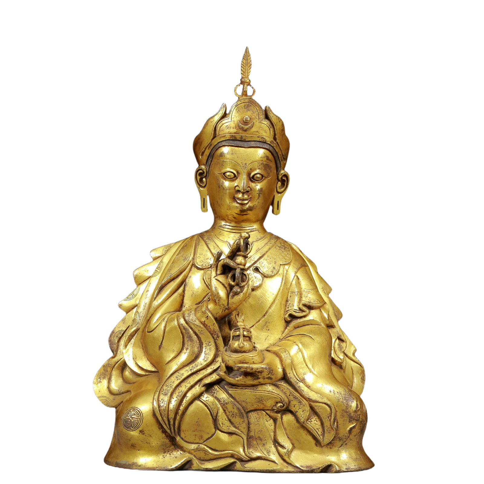 A Solemn Gilt Bronze Statue of Guru: A Solemn Gilt Bronze Statue of Guru,Ming Dynasty, China,Size:7.5inx3.9inx11.8in,Weight:4650g 铜鎏金上师像，明代
