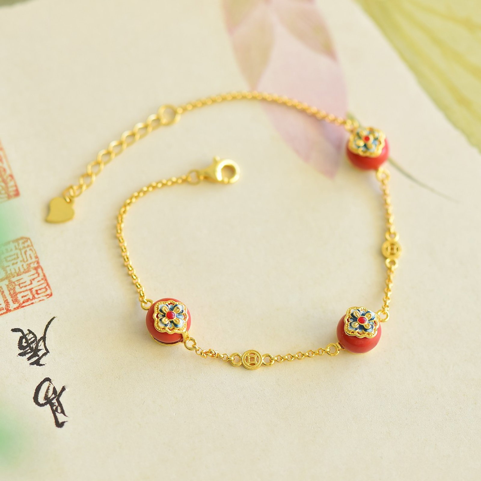 An Exquisite Sterling Silver-Gold Plated Inlaid Cinnabar Bracelets: An Exquisite Sterling Silver-Gold Plated Inlaid Cinnabar Bracelets,Size:8mmx8mm 寓意:平平安安,富贵吉祥
