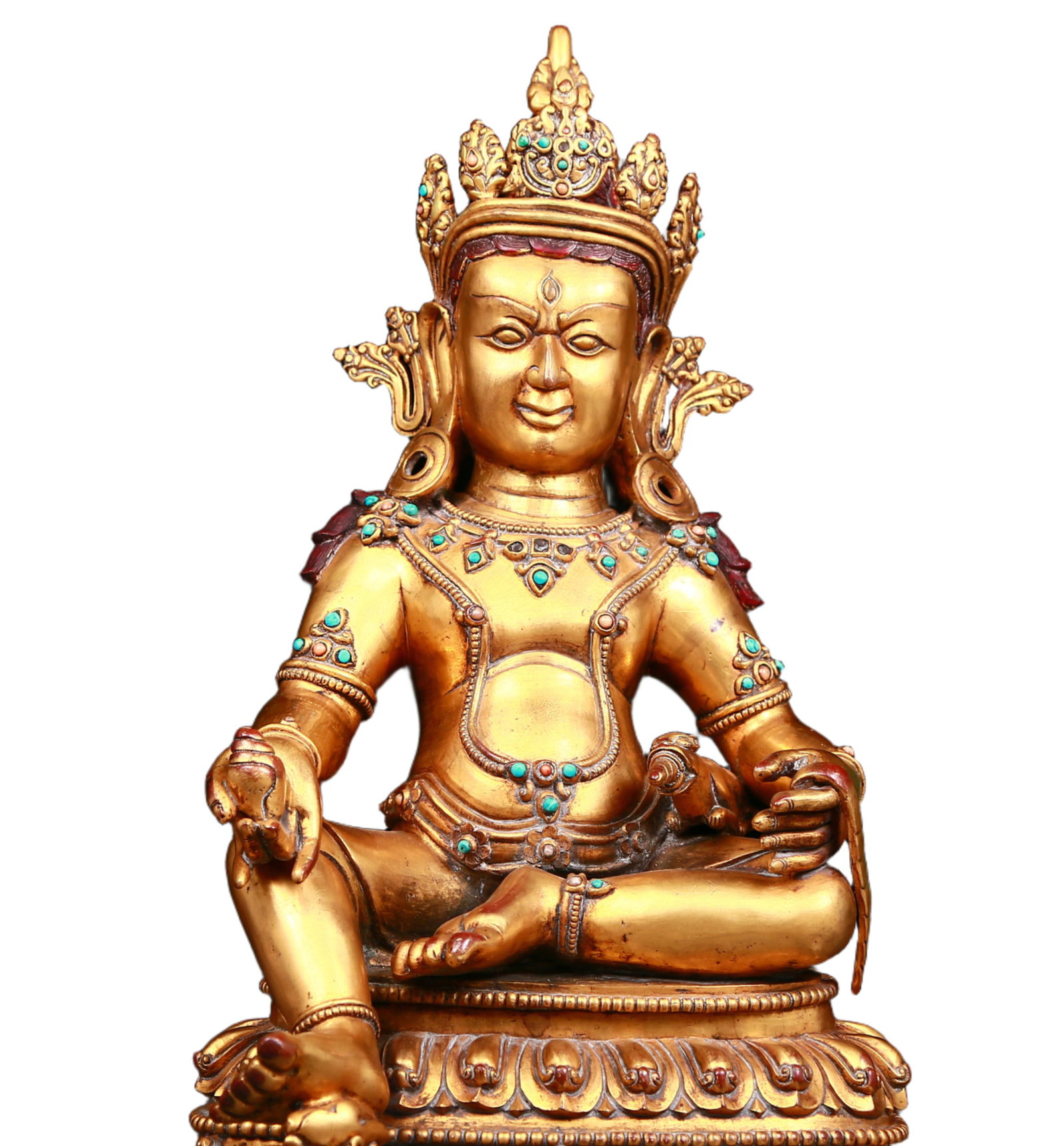 A stunning gilt bronze statue of the Mammon inlaid with turquoise: stunning gilt bronze statue of the Mammon inlaid with turquoise, Qing Dynasty, China. The Buddha's face is solemn and kind, with deep eyes, symbolizing wealth and fortune. Its appearance is full of lu