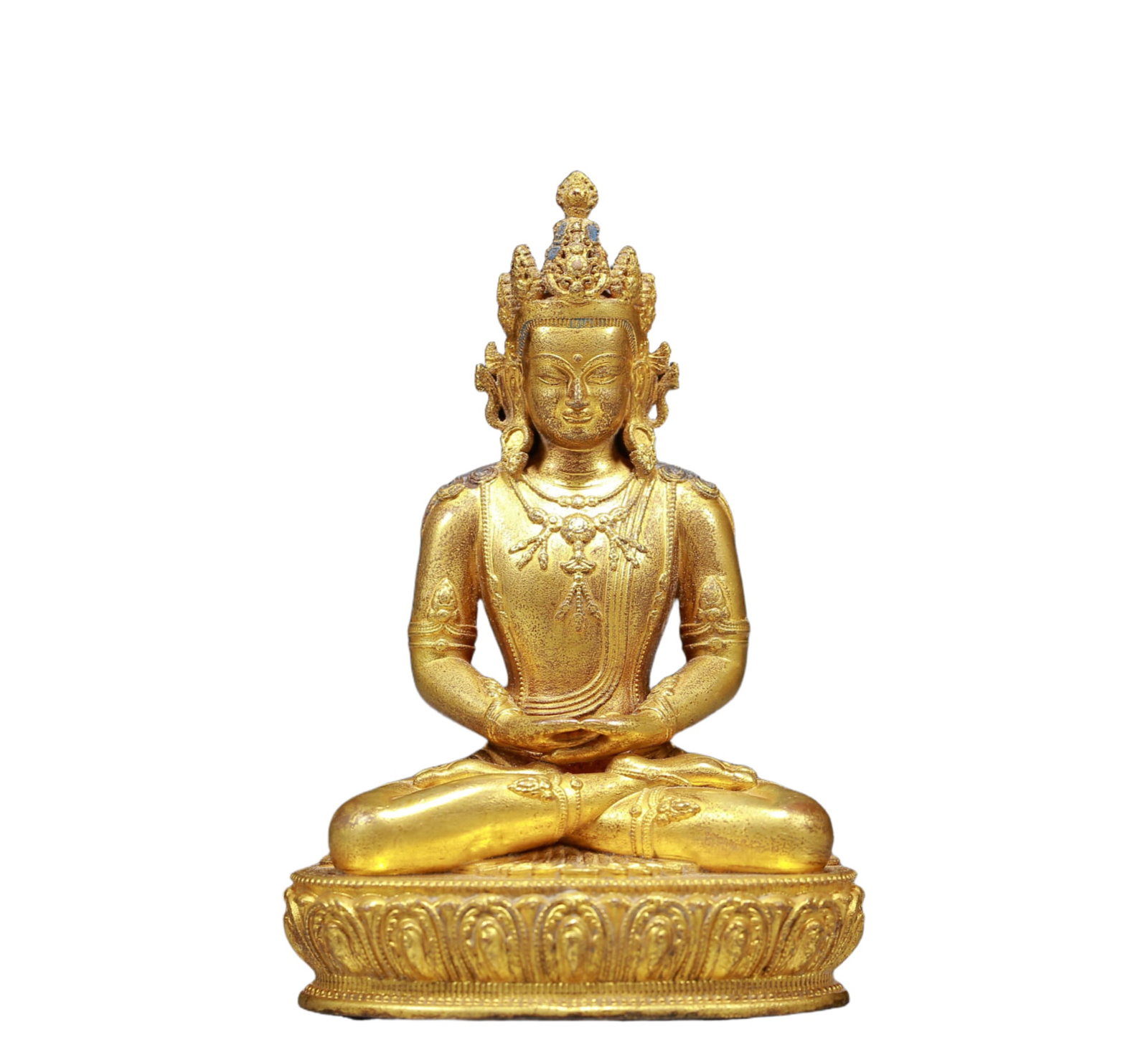 A Solemn Gilt Bronze Statue of Amitayus: A Solemn Gilt Bronze Statue of Amitayus,Ming Dynasty, China,Size:2.8inx2inx3.9in,Weight:240g 铜鎏金无量寿佛像，明代