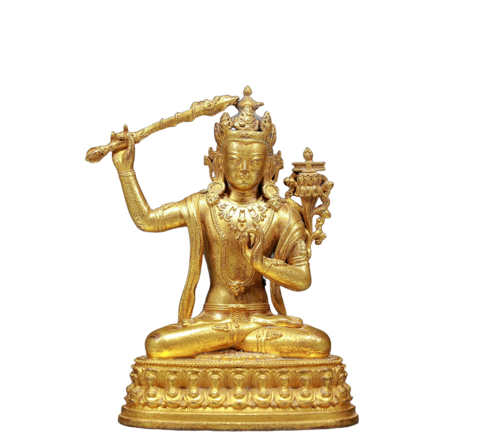 A Solemn Gilt Bronze Statue of Manjusri: A Solemn Gilt Bronze Statue of Manjusri,Ming Dynasty, China,Size:2.8inx2.2inx3.9in,Weight:300g 铜鎏金文殊菩萨像，明代