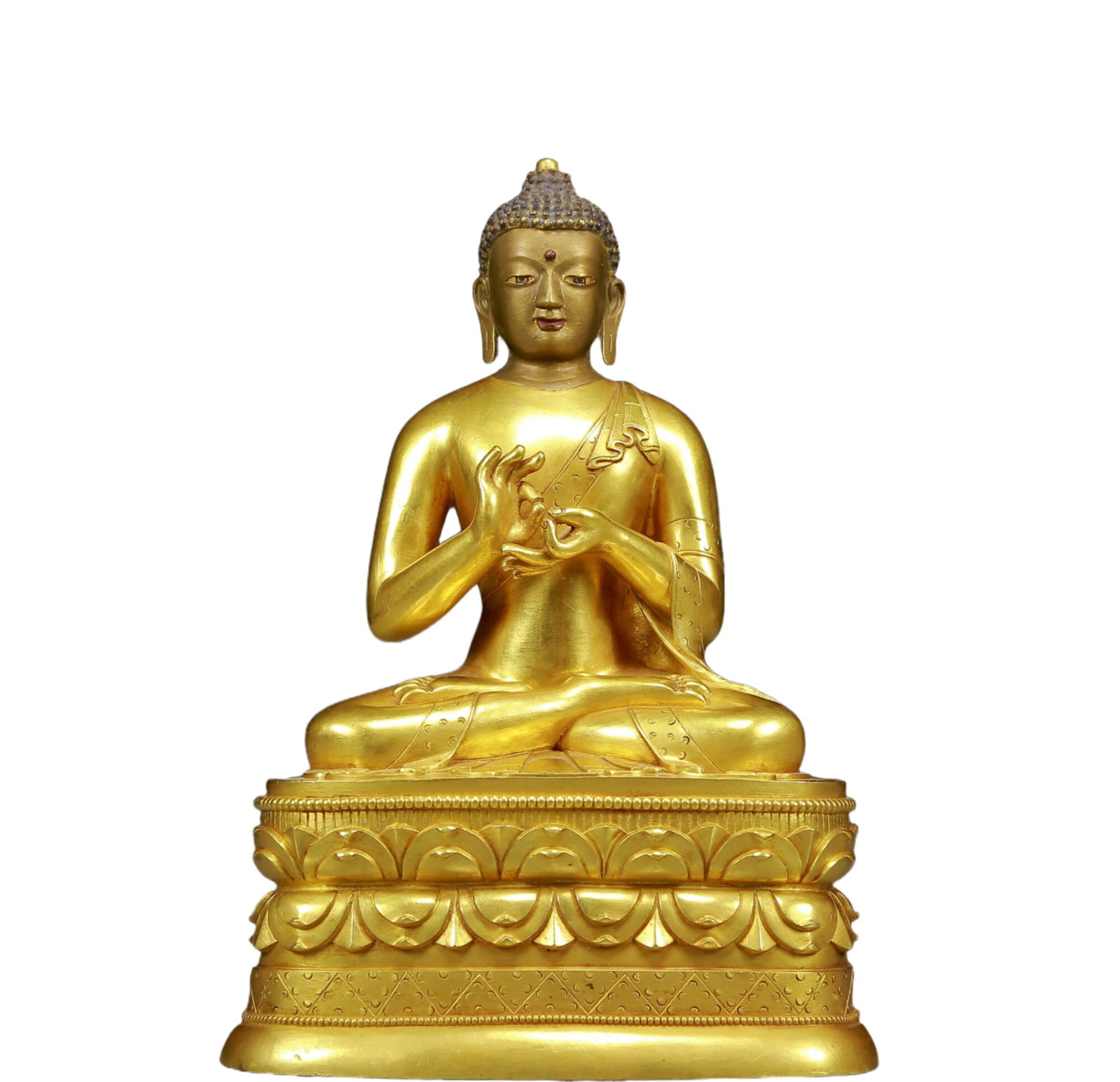 A Solemn Gilt Bronze Statue of Sakyamuni: A Solemn Gilt Bronze Statue of Sakyamuni,Ming Dynasty, China,Size:5.9inx3.9inx8.7in,Weight:2480g 铜鎏金释迦摩尼像，明代