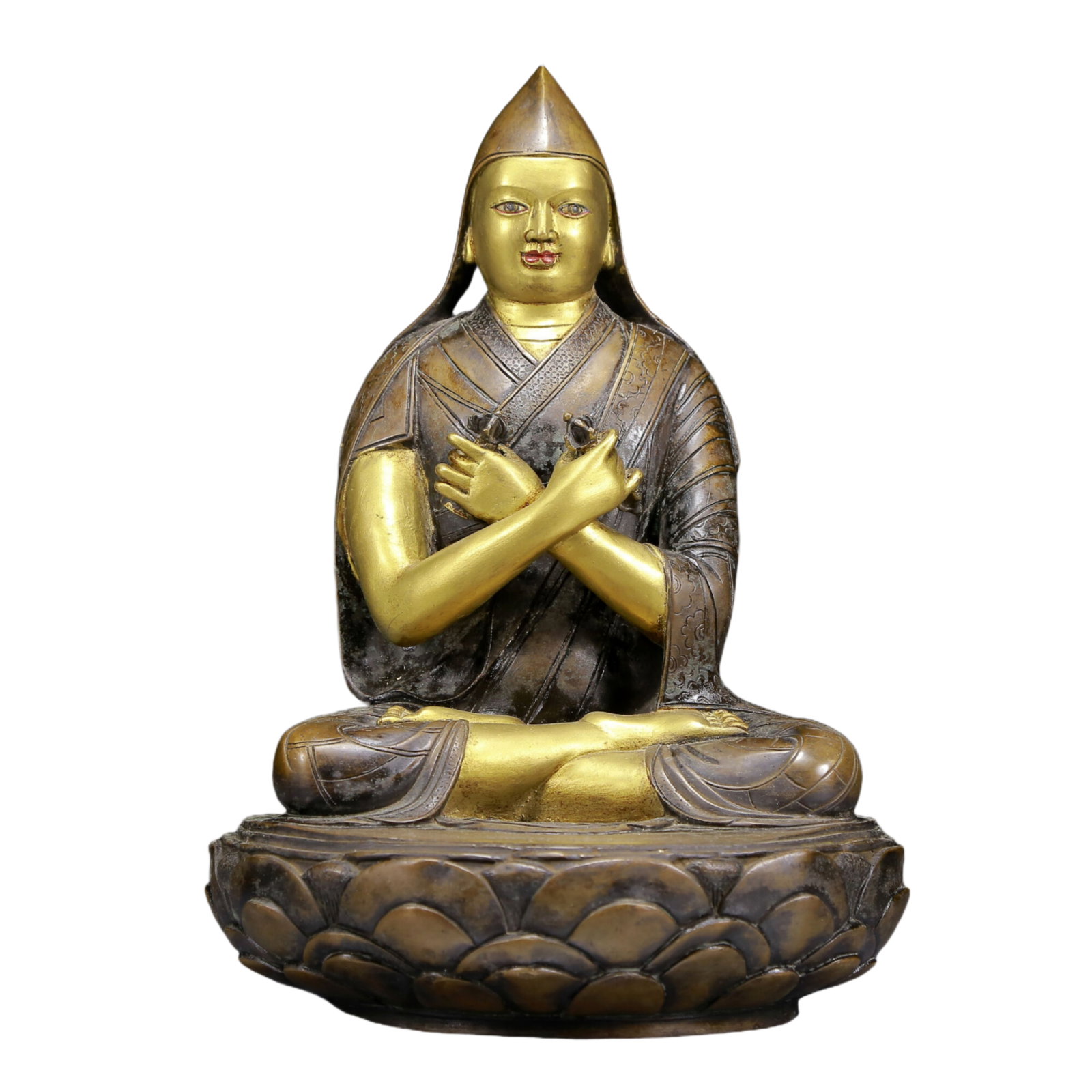 A Solemn Gilt Bronze Statue of Tsongkhapa: A Solemn Gilt Bronze Statue of Tsongkhapa,Ming Dynasty, China,Size:7.9inx11.8in,Weight:4840g 铜鎏金宗喀巴像，明代