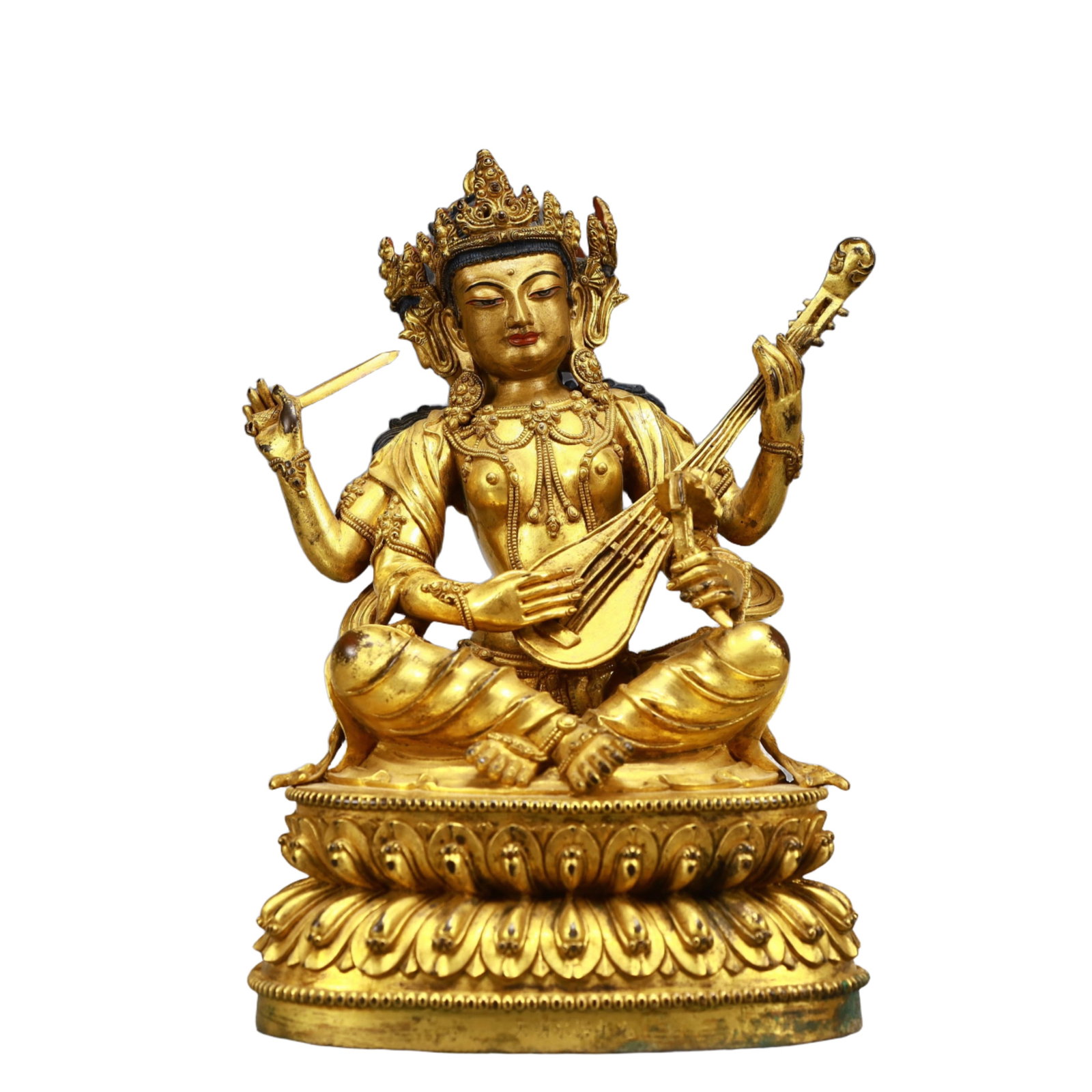 A Solemn Gilt Bronze Statue of Gadgadasvara: A Solemn Gilt Bronze Statue of Gadgadasvara,Ming Dynasty, China,Size:6.7inx4.3inx8.7in,Weight:3250g 铜鎏金妙音观音像,中国明代