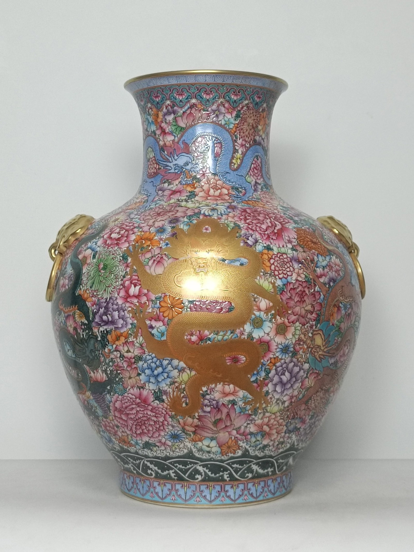 A Huge Enamel Painted Gold Flower and Dragon Pattern Beast-Ears Vase: A Huge Enamel Painted Gold Flower and Dragon Pattern Beast-Ears Vase,Qing Dynasty,China,Qianlong Six-character Mark,Size:24.4inx18.5in 珐琅彩描金花卉龙&