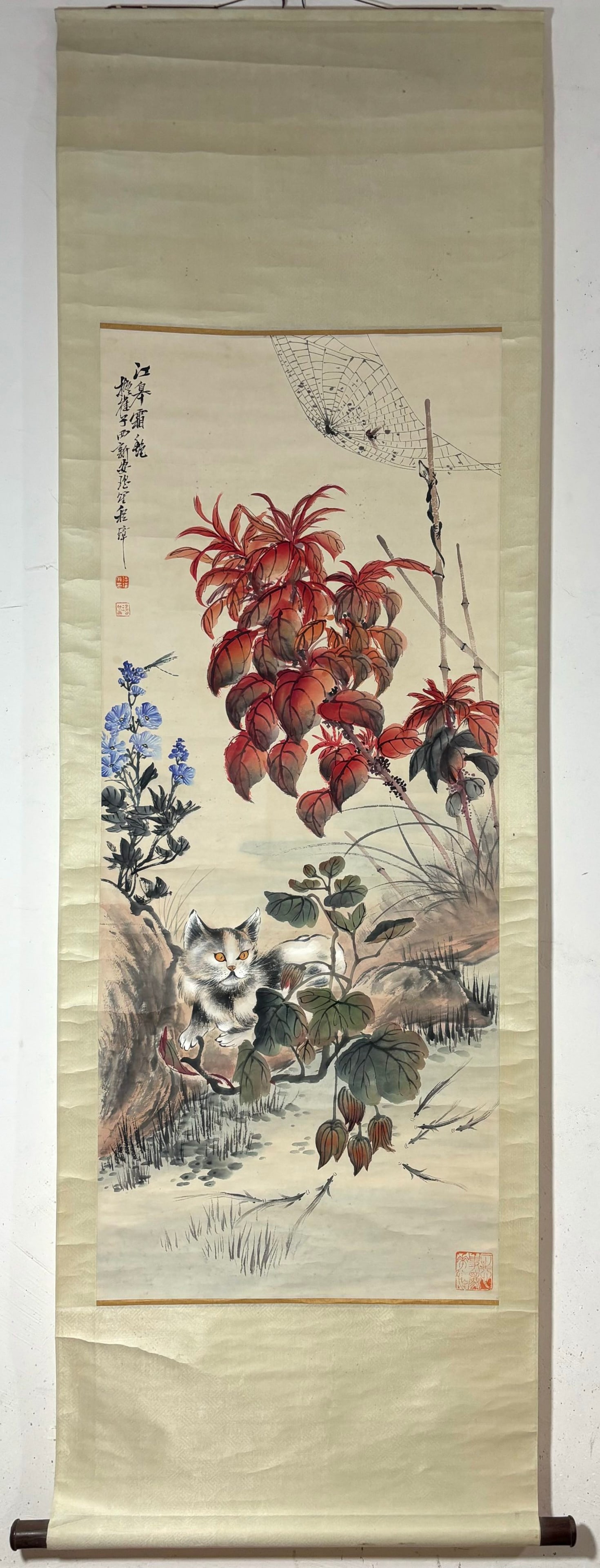 A Chinese Vertical Scroll Ink Painting of Cat on Paper,Cheng Zhang: A Chinese Vertical Scroll Ink Painting of Cat on Paper,Cheng Zhang,Size:(Without frame)50inx20.9in 一幅中国水墨猫图立轴,程璋