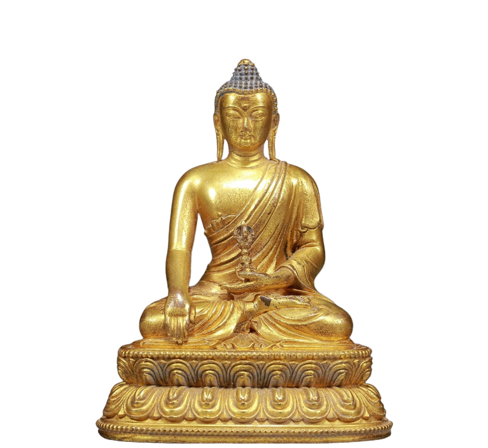 A Solemn Gilt Bronze Statue of Sakyamuni: A Solemn Gilt Bronze Statue of Sakyamuni,Ming Dynasty, China,Size:3inx2.2inx3.9in,Weight:370g 铜鎏金释迦摩尼像，明代