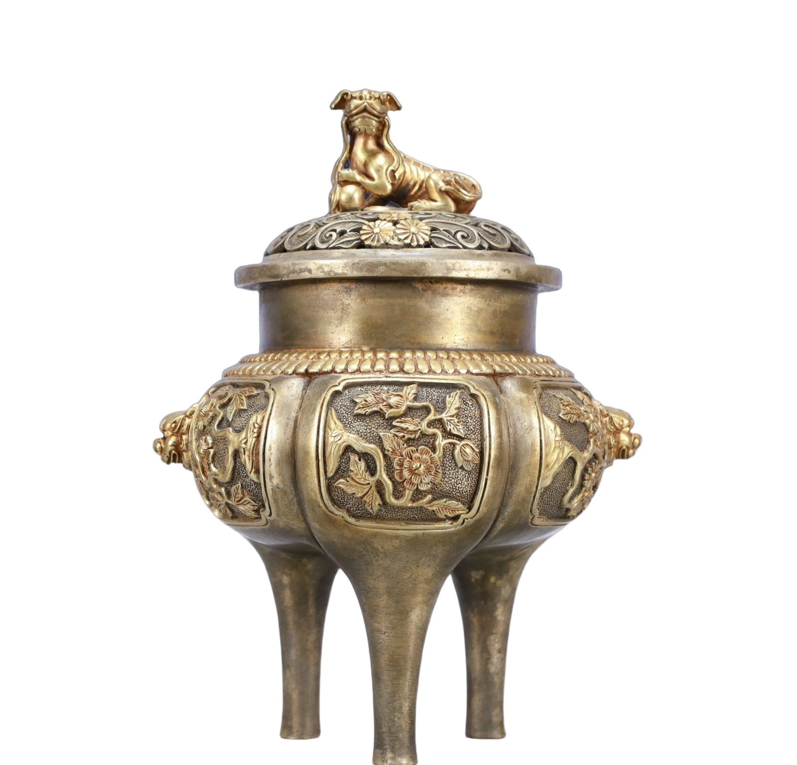 A Rare Gilt Silver Flower Pattern Beast-Ears and Tripod Censer: A Rare Gilt Silver Flower Pattern Beast-Ears and Tripod Censer,Qing Dynasty, China,Qianlong Six-character Mark,Size:7.9inx10.6in,Weight:4600g 银鎏金花卉纹兽&#