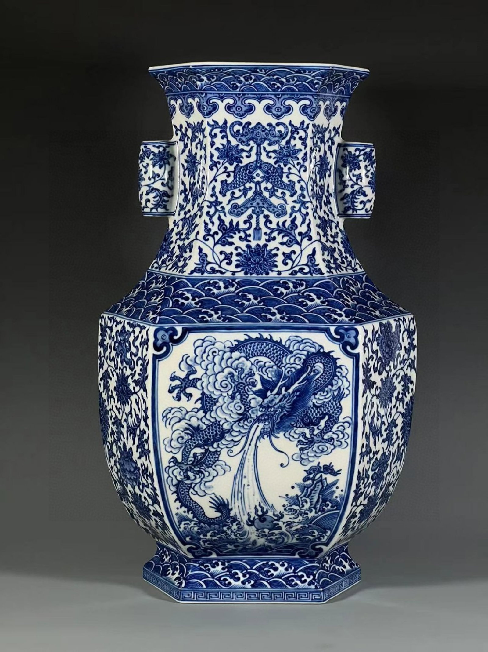 An Exquisite Blue and White Lotus,Auspicious Cloud and Dragon Pattern Double-Ears Vase (1 of 9)