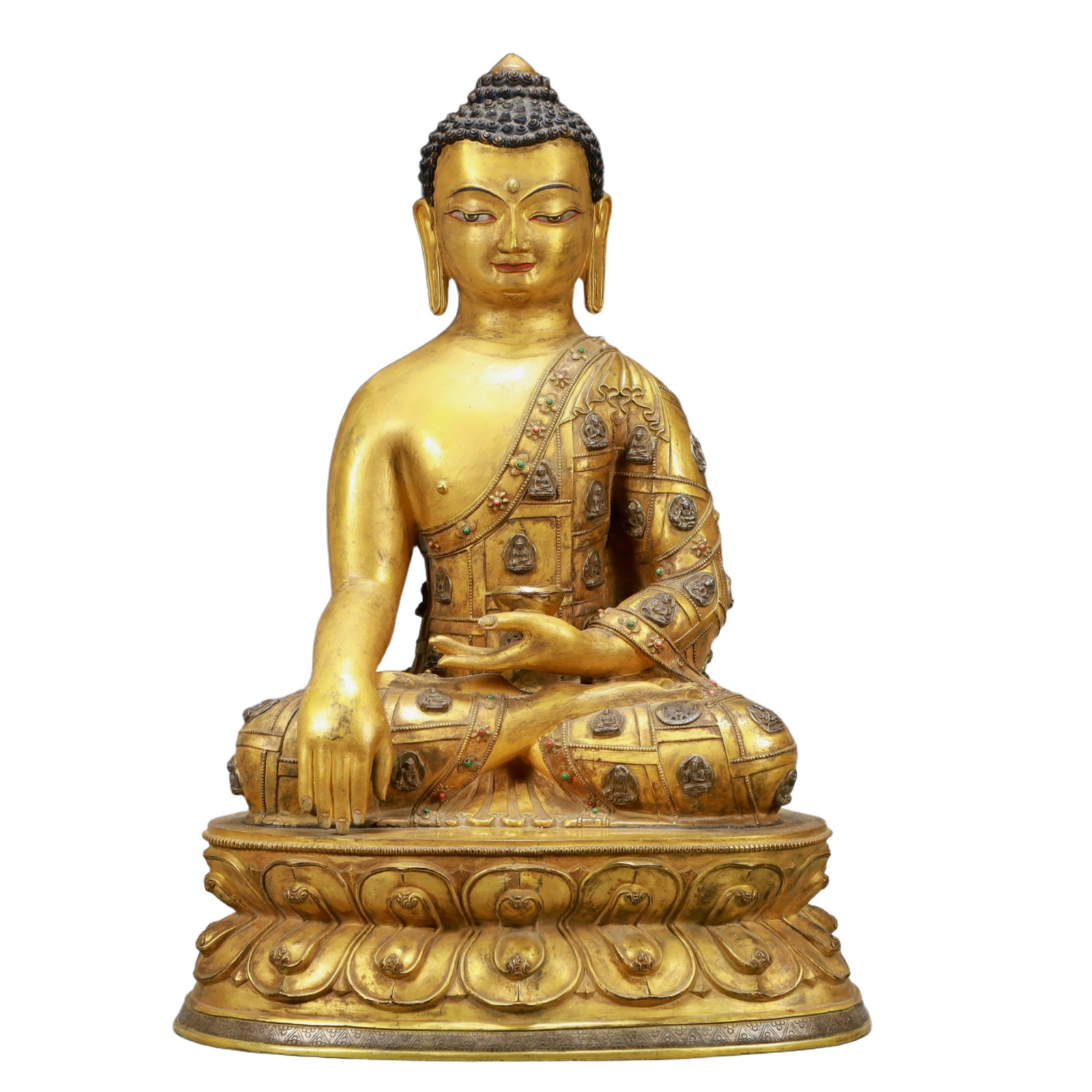 A Solemn Gilt Bronze Statue of Sakyamuni: A Solemn Gilt Bronze Statue of Sakyamuni,Ming Dynasty, China,Size:16.3inx9.8inx24.6in,Weight:22450g 铜鎏金释迦摩尼像,中国明代