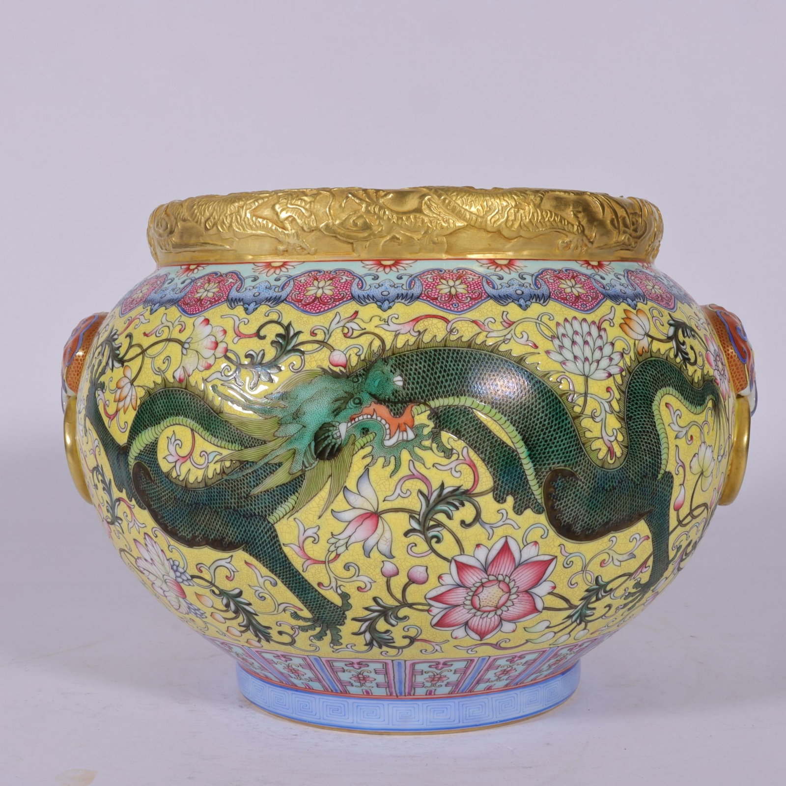An Exquisite Enamel Yellow Ground Painted Gold Lotus and Dragon Pattern Double-Ears Water Pot: An Exquisite Enamel Yellow Ground Painted Gold Lotus and Dragon Pattern Double-Ears Water Pot,Qing Dynasty, China,Qianlong Four-character Mark,Size:7.5inx8.4inx10.2inx5.2in 珐琅彩