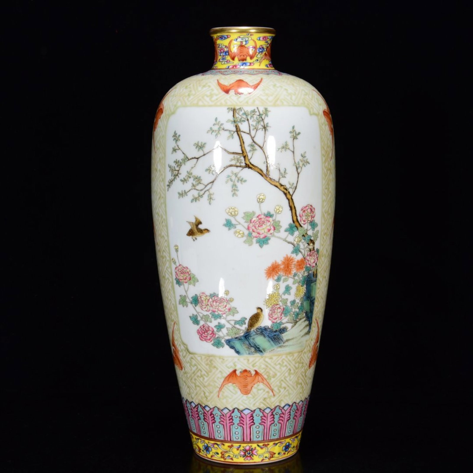 A Rare Famille-Rose Painted Gold Flower and Bird Pattern Vase (1 of 9)
