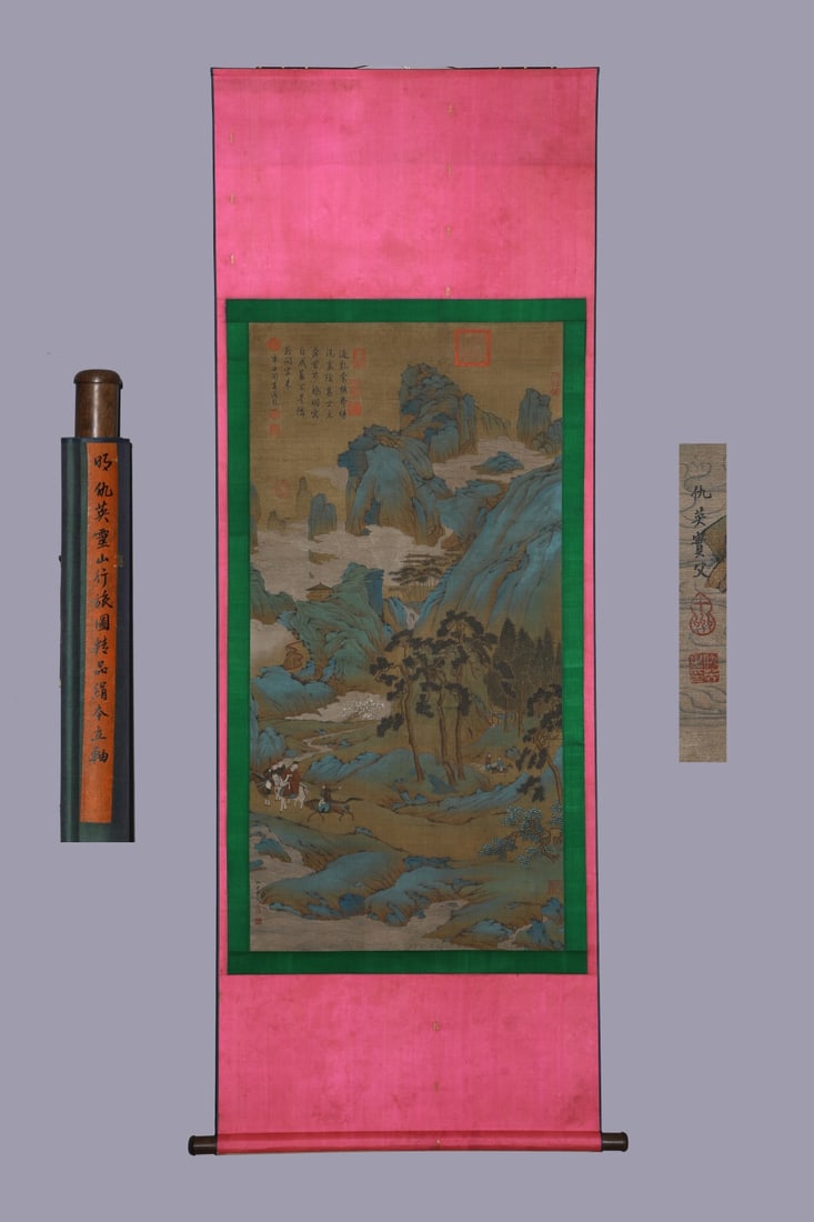 A Chinese Vertical Scroll Ink Painting of Landscape and Figure on Silk,Chou Ying: A Chinese Vertical Scroll Ink Painting of Landscape and Figure on Silk,Chou Ying,Size:(Without frame)52.4inx26.4in 一幅中国水墨绢本山水É