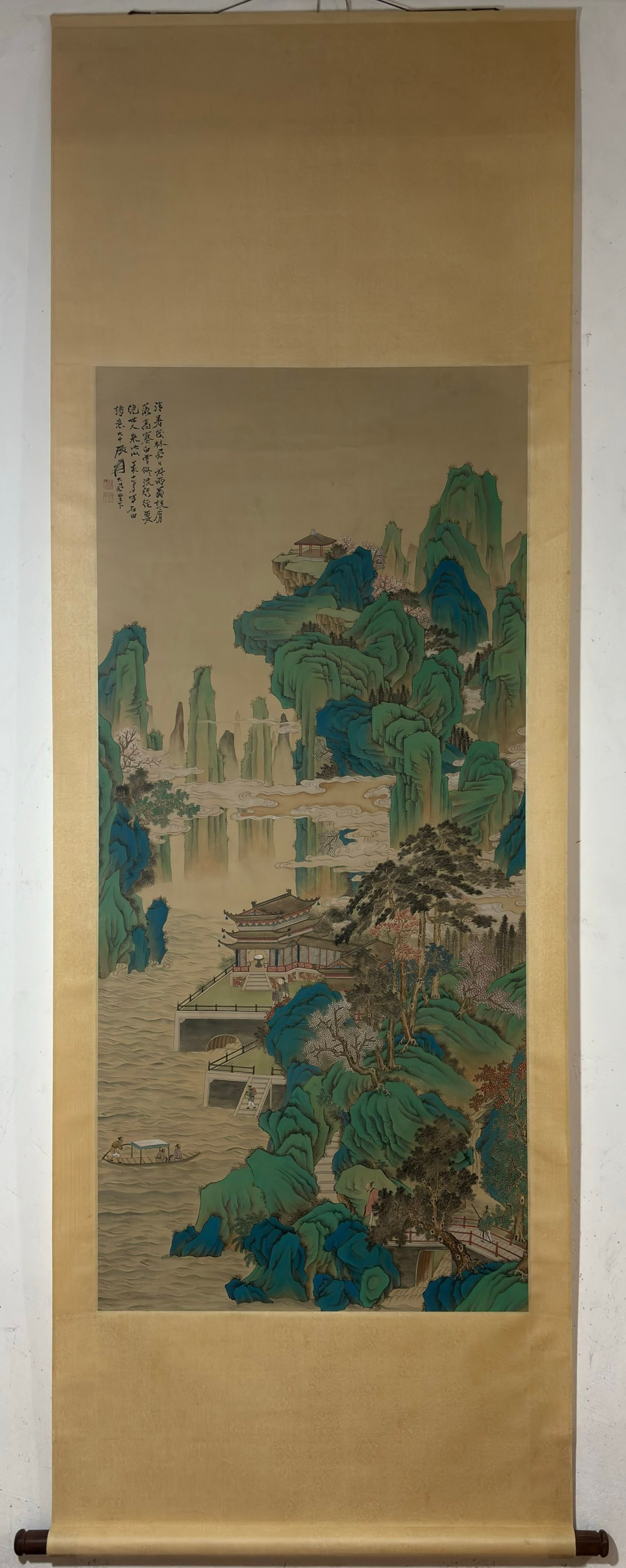 A Chinese Vertical Scroll Ink Painting of Landscape and Figure on Silk,Zhang Daqian: A Chinese Vertical Scroll Ink Painting of Landscape and Figure on Silk,Zhang Daqian,Size:(Without frame)55.1inx25.2in 一幅中国水墨绢本山水&#