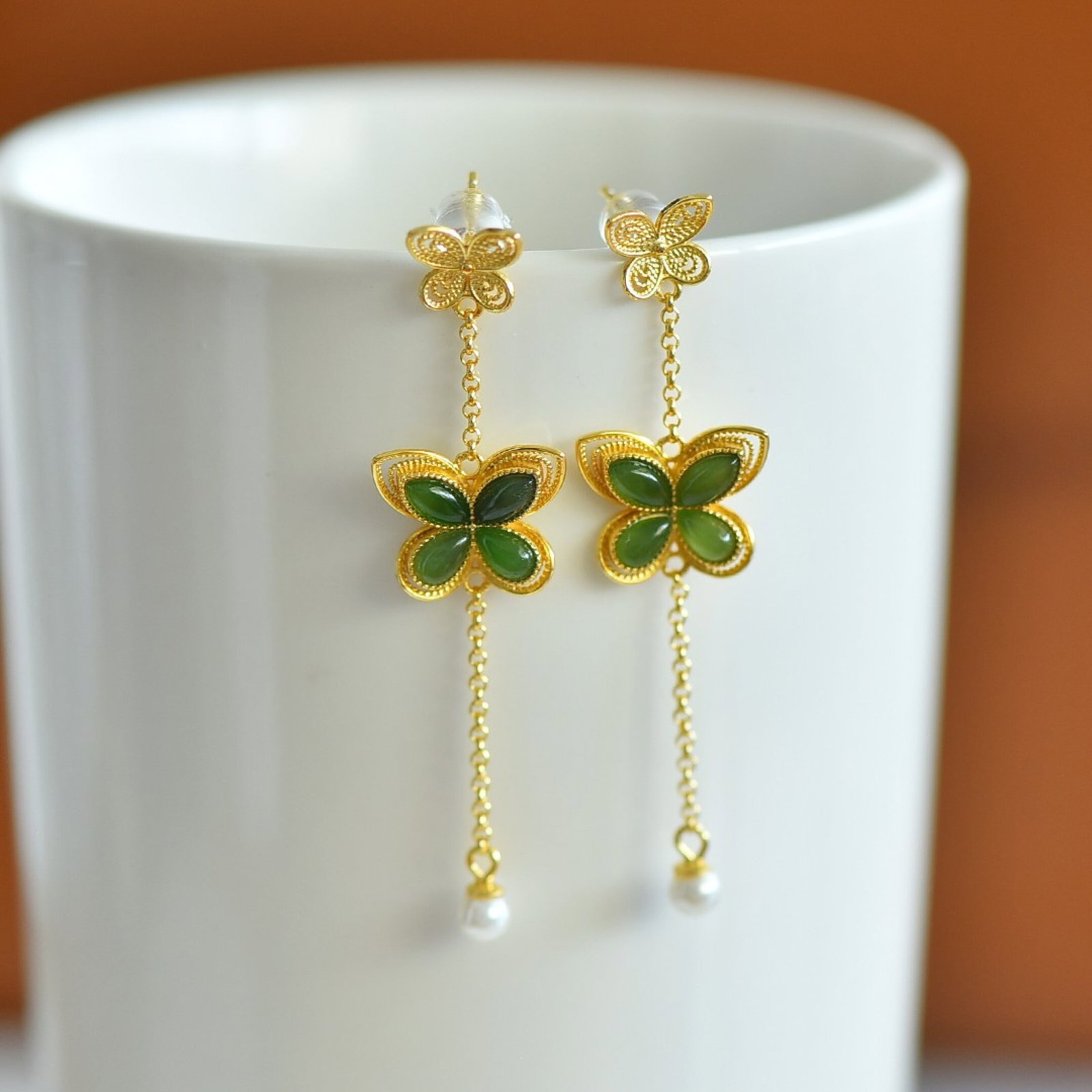 A Pair of Exquisite Sterling Silver-Gold Plated Inlaid Jasper Earrings,Inlaid Pearls: A Pair of Exquisite Sterling Silver-Gold Plated Inlaid Jasper Earrings,Inlaid Pearls,Size:3mmx6mm