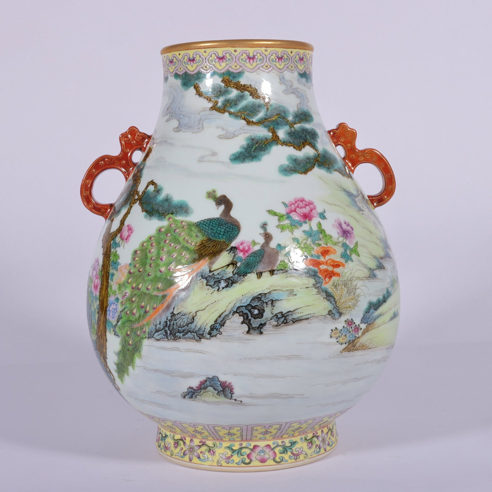 An Exquisite Enamel Painted Gold Flower and Bird Pattern Double-Ears Vase,With Poem: An Exquisite Enamel Painted Gold Flower and Bird Pattern Double-Ears Vase,With Poem,Qing Dynasty, China,Qianlong Six-character Mark,Size:10inx3.8inx7.5inx4.6in 珐琅彩描金