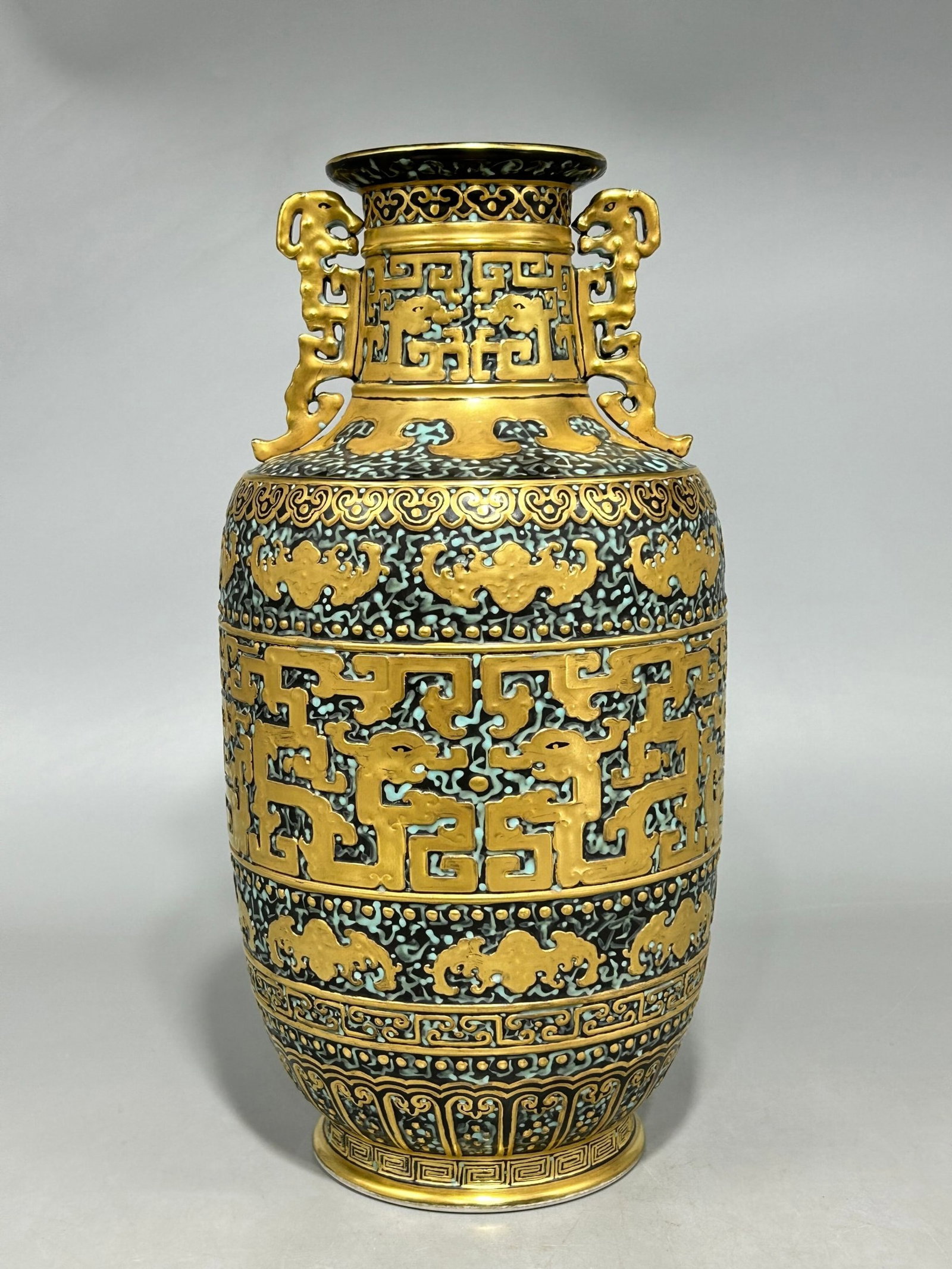 A Rare Ancient Bronze Color Cover with Gold Bats and Dragon Pattern Dragon-Ears Vase (1 of 9)