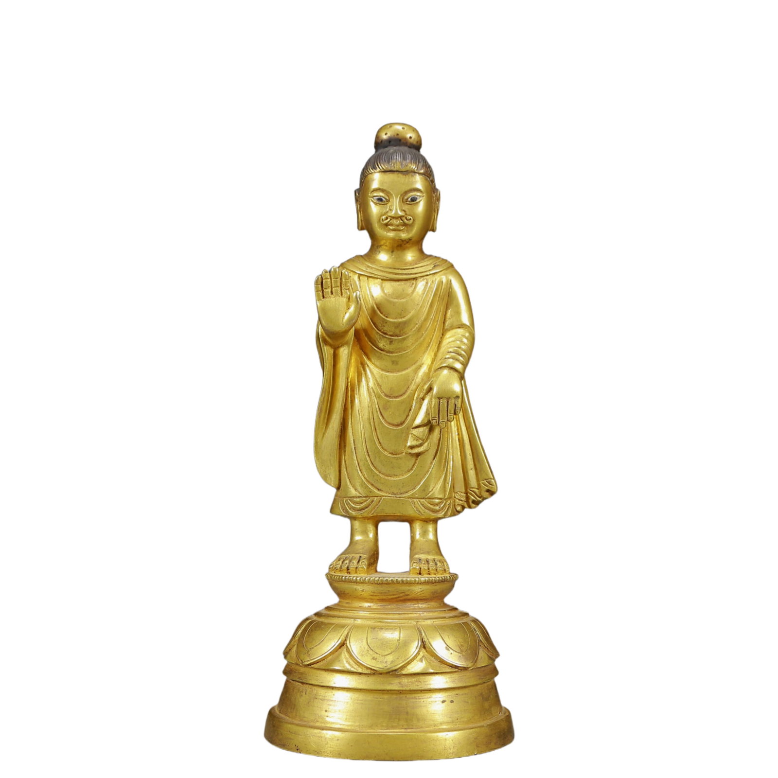 A Solemn Gilt Bronze Statue of Sakyamuni: A Solemn Gilt Bronze Statue of Sakyamuni,Ming Dynasty, China,Size:3.5inx9.8in,Weight:1170g 铜鎏金如来像，明代