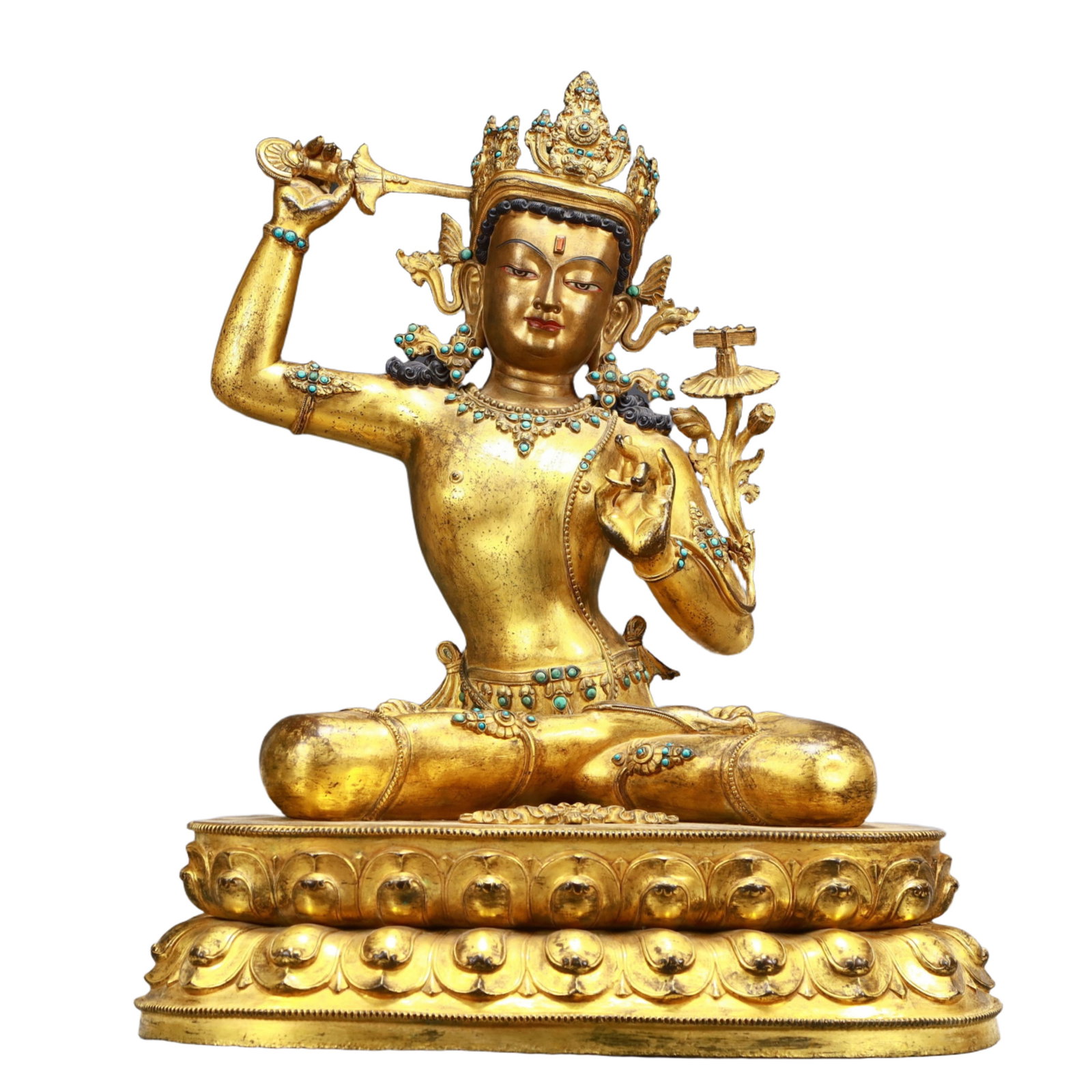 A Solemn Gilt Bronze Statue of Manjusri,Inlaid Turquoise: A Solemn Gilt Bronze Statue of Manjusri,Inlaid Turquoise,Ming Dynasty,China,Size:19.3inx14.6inx24.4in,Weight:22720g 铜鎏金文殊菩萨像,嵌绿