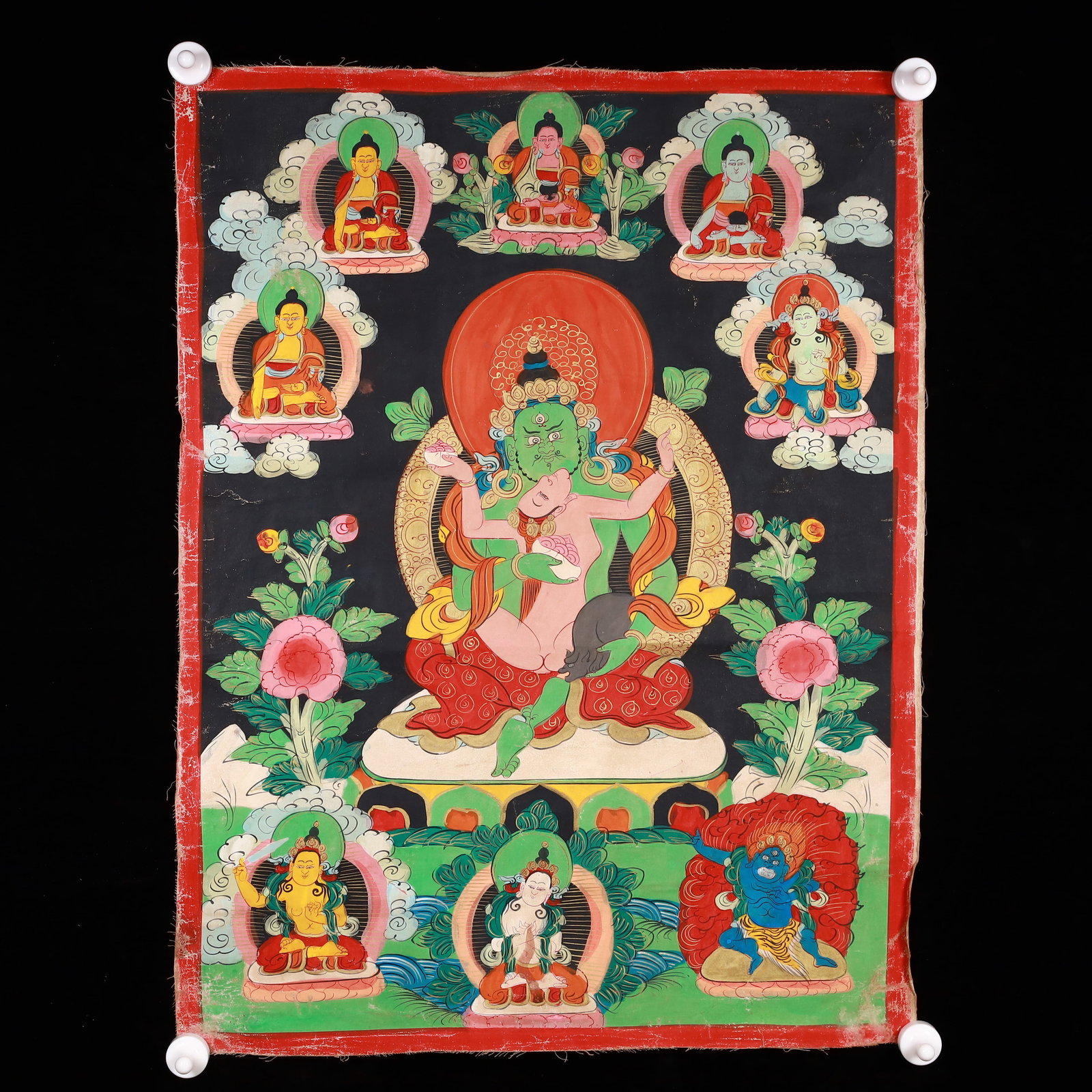 A Rare Painted Color Statue of Chakrasamvara Tangka: A Rare Painted Color Statue of Chakrasamvara Tangka,Qing Dynasty, China,Size:20.4inx26.8in 彩绘胜乐金刚像唐卡,中国清代