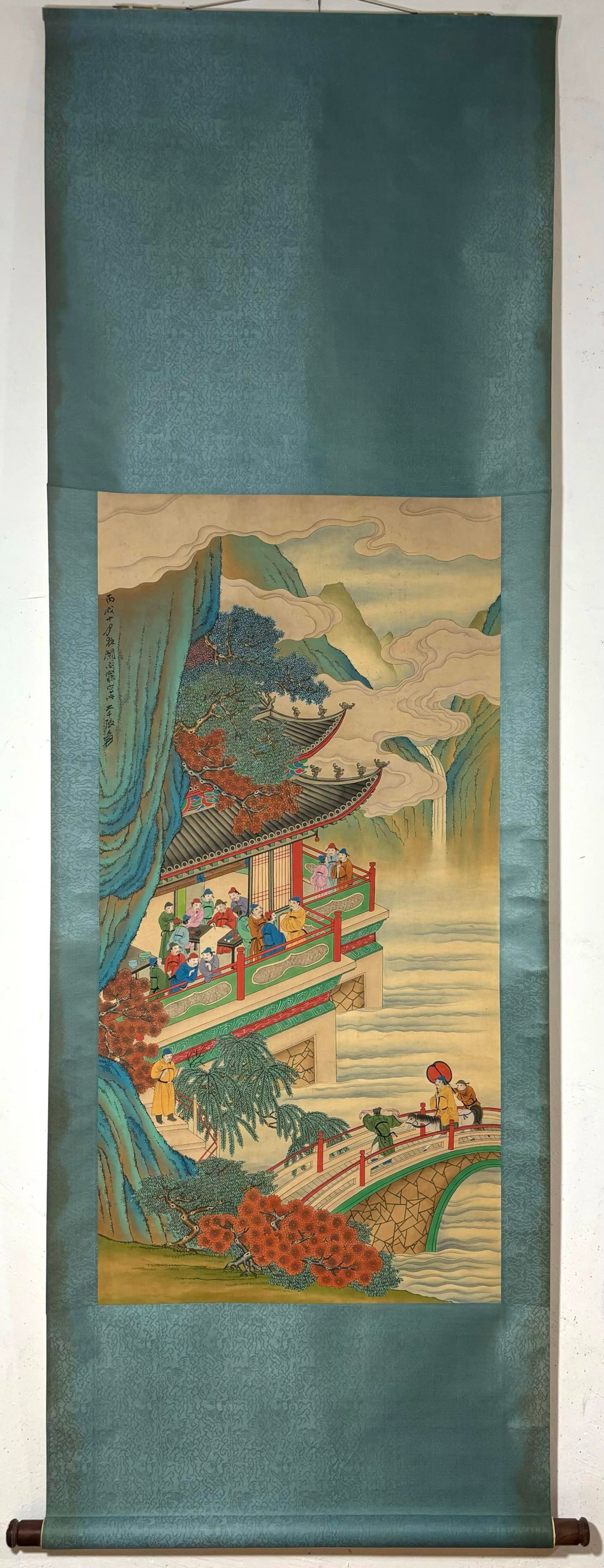 A Chinese Vertical Scroll Ink Painting of Landscape and Figure on Silk,Zhang Daqian: A Chinese Vertical Scroll Ink Painting of Landscape and Figure on Silk,Zhang Daqian,Size:(Without frame)44.3inx22in 一幅中国水墨绢本山水