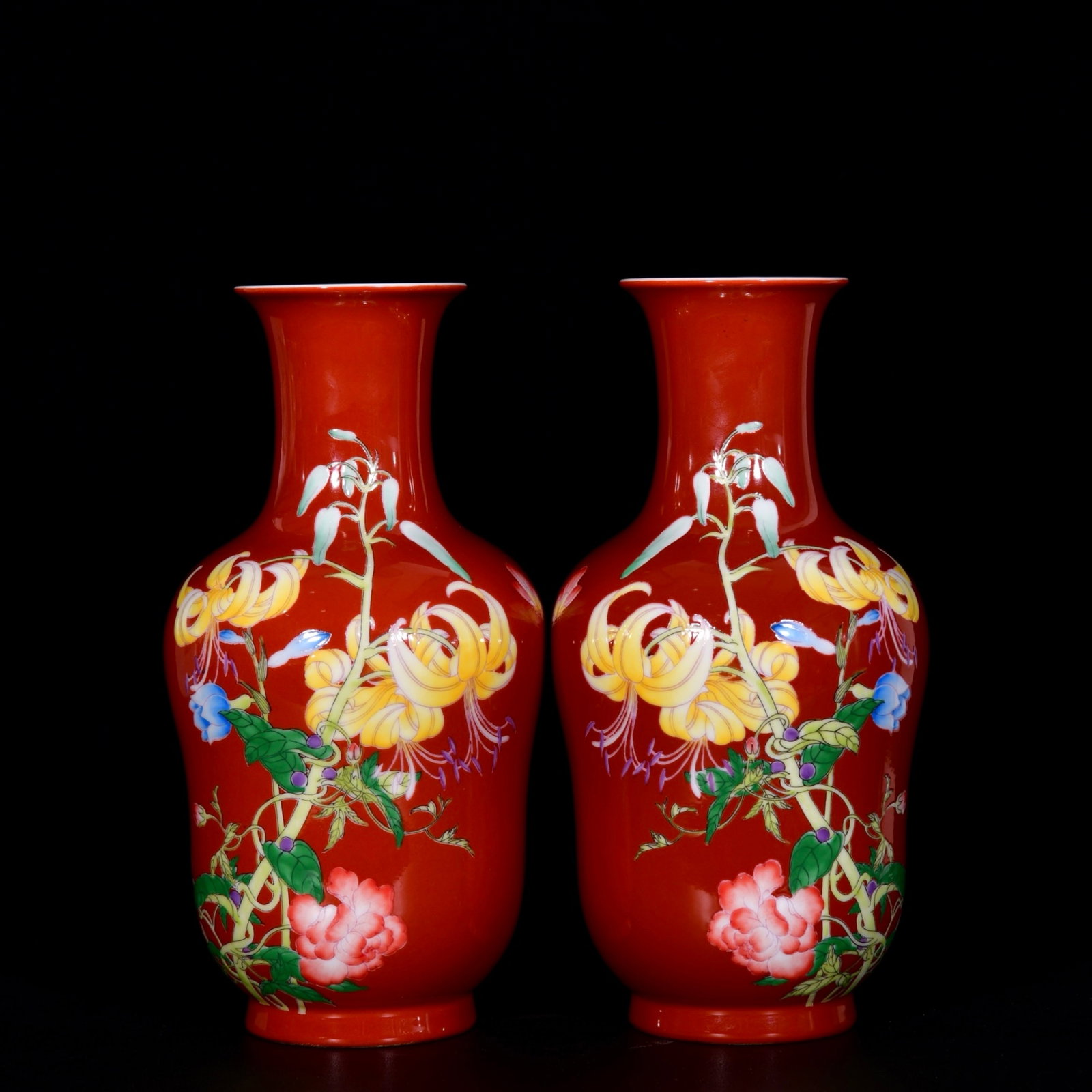 A Pair of Exquisite Red Ground Enamel Flower and Butterfly Pattern Vases,With Poem: A Pair of Exquisite Red Ground Enamel Flower and Butterfly Pattern Vases,With Poem,Qing Dynasty, China,Yongzheng Four-character Mark,Size:9.4inx4.7in 一对红地珐琅&#