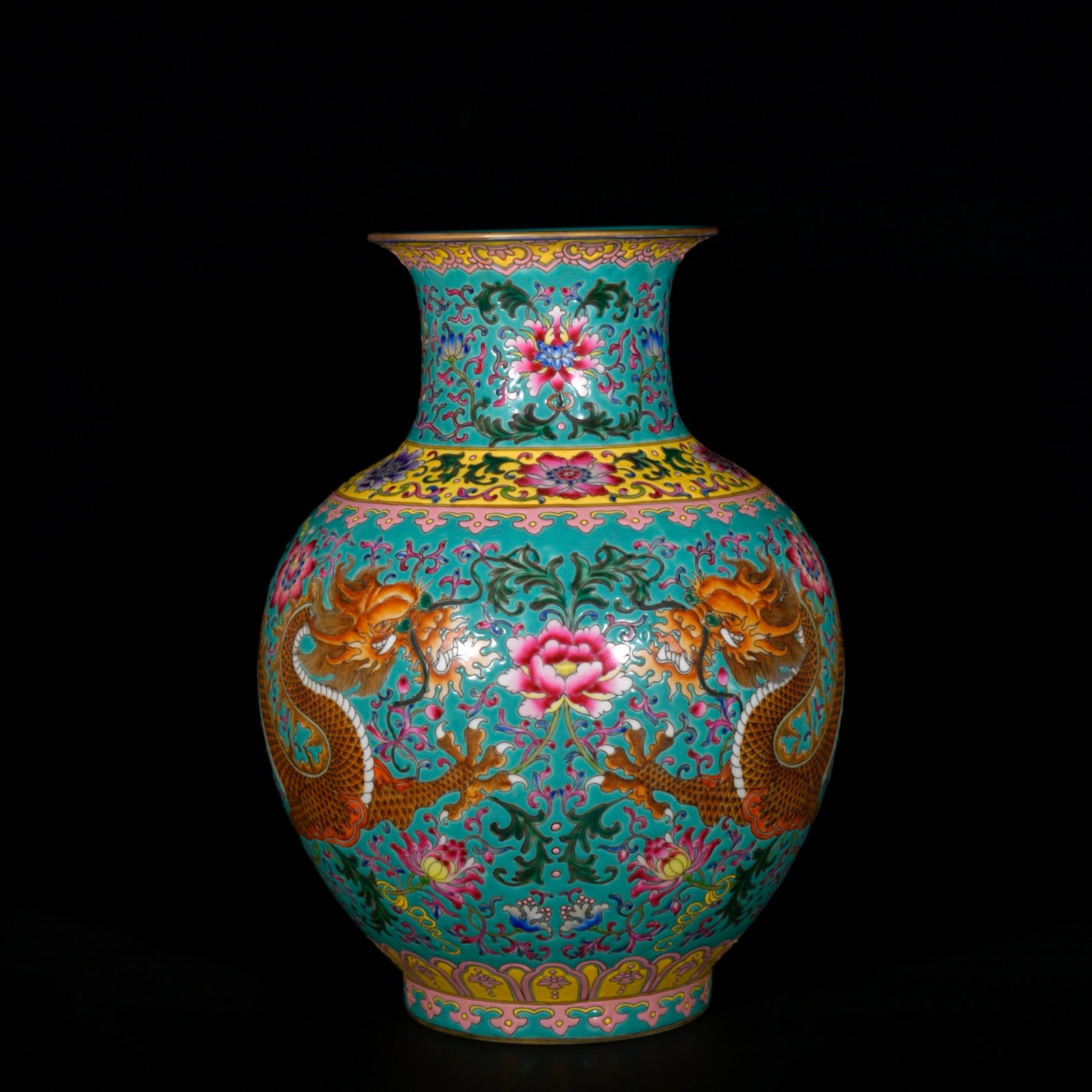A Rare Turquoise Ground Enamel Painted Gold Lotus and Dragon Pattern Vase: A Rare Turquoise Ground Enamel Painted Gold Lotus and Dragon Pattern Vase,Qing Dynasty, China,Qianlong Six-character Mark,Size:13.4inx10.6in 松石绿地珐琅彩