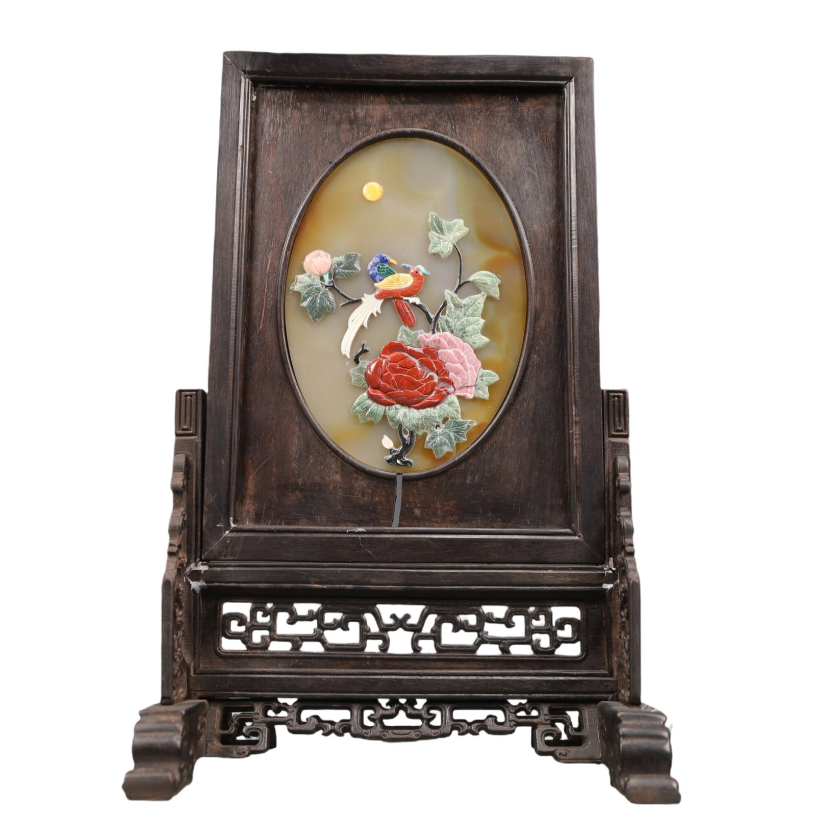 An Exquisite Agate Inlaid Gems Flower and Bird Pattern Screen,With Poem: An Exquisite Agate Inlaid Gems Flower and Bird Pattern Screen,With Poem,Qing Dynasty, China,Size:7.5inx5.1inx11.6in Weight:850g 玛瑙嵌百宝花鸟纹屏