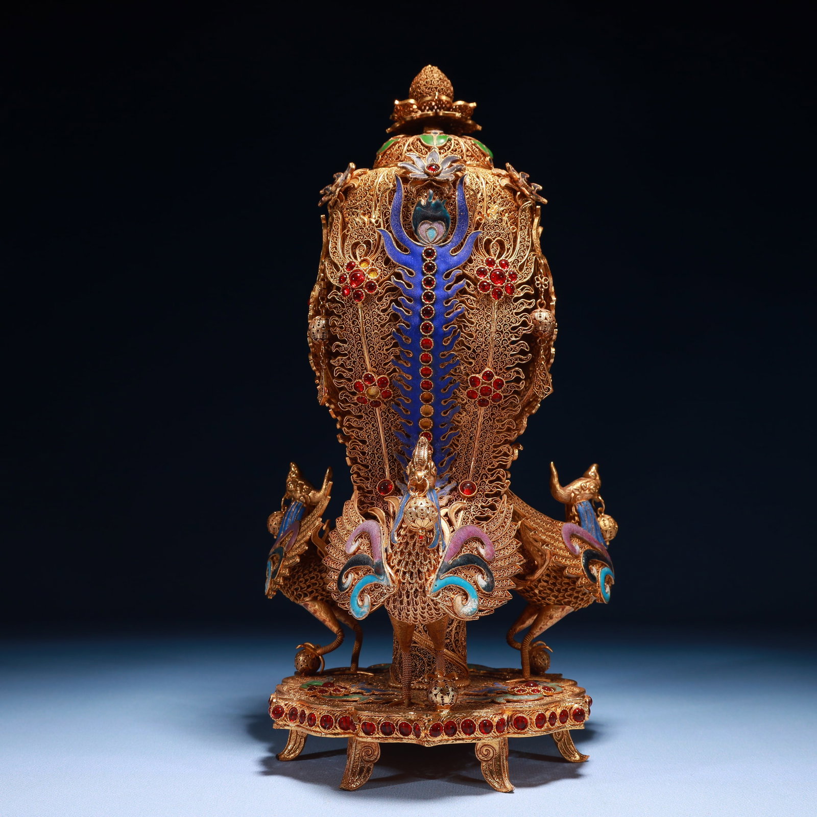 An Exquisite Filigree and Gilding Phoenix Pattern Censer,Inlaid Gems: An Exquisite Filigree and Gilding Phoenix Pattern Censer,Inlaid Gems,Qing Dynasty,China,Qianlong Four-character Mark,Size:6.7inx5.9inx12.2in,Weight:1250g 掐丝鎏金凤ಬ