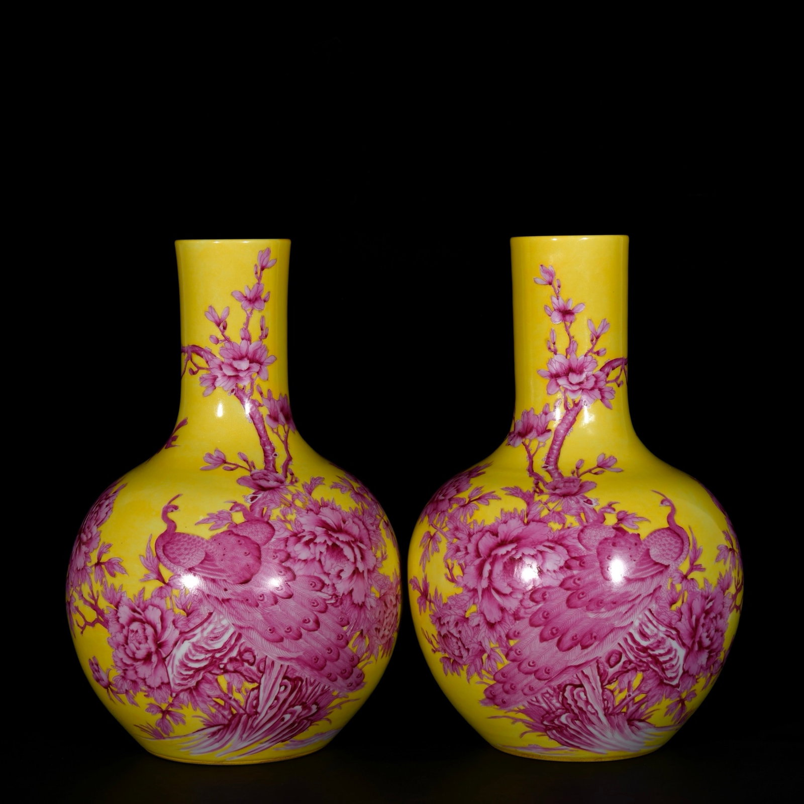 A Pair of Rare Yellow Ground Ruby Red-Glazed Peony and Peacock Pattern Vases (1 of 9)