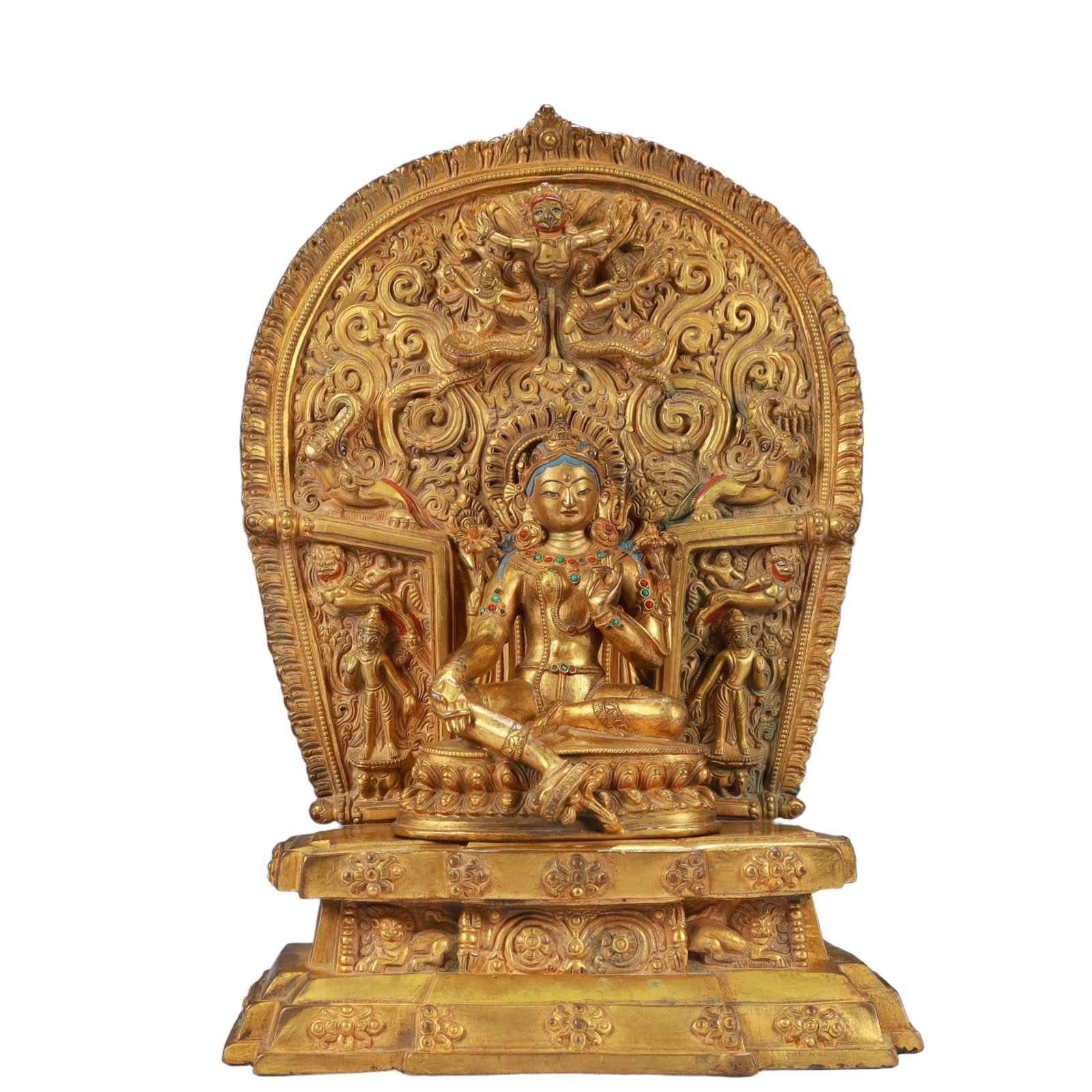 A Solemn Gilt Bronze Statue of Tara,Inlaid Gems and Turquoise: A Solemn Gilt Bronze Statue of Tara,Inlaid Gems and Turquoise,Qing Dynasty, China,Size:8.3inx5.1inx12.2in,Weight:7100g 铜鎏金度母像,嵌宝石和