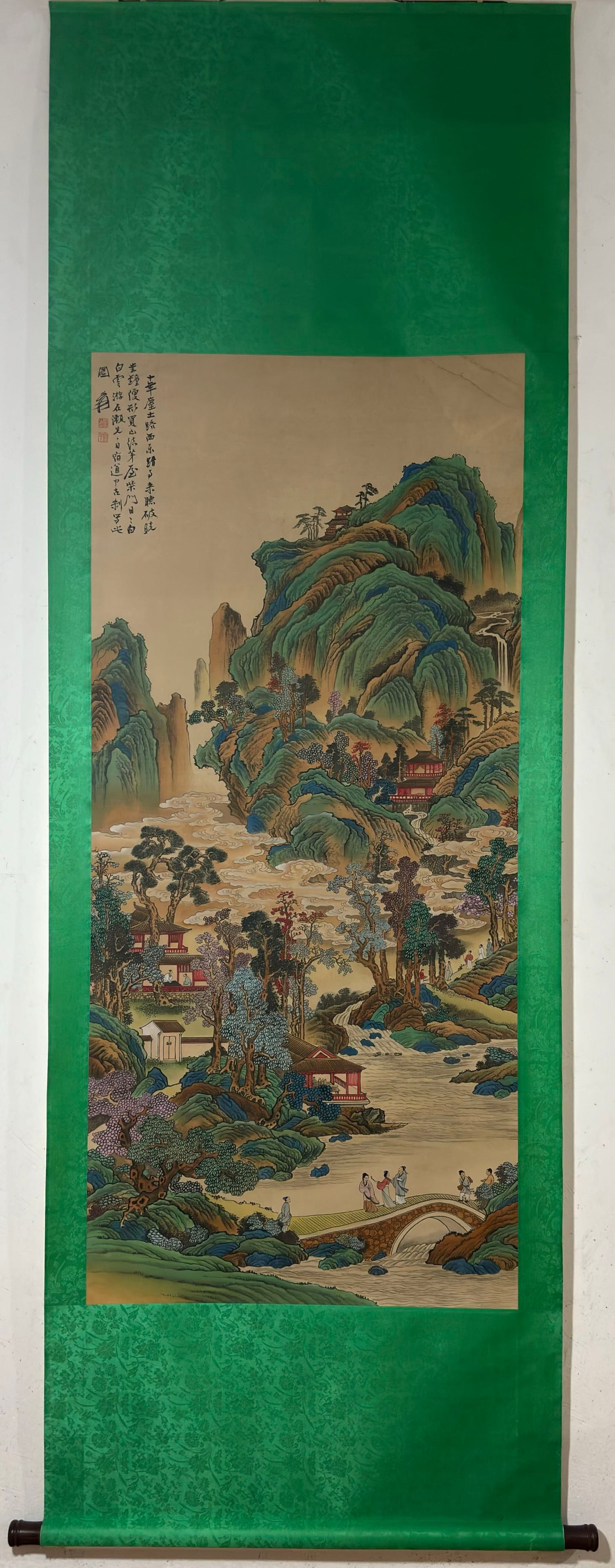 A Chinese Vertical Scroll Ink Painting of Landscape and Figure on Silk,Zhang Daqian: A Chinese Vertical Scroll Ink Painting of Landscape and Figure on Silk,Zhang Daqian,Size:(Without frame)55.5inx25.2in 一幅中国水墨绢本山水&#