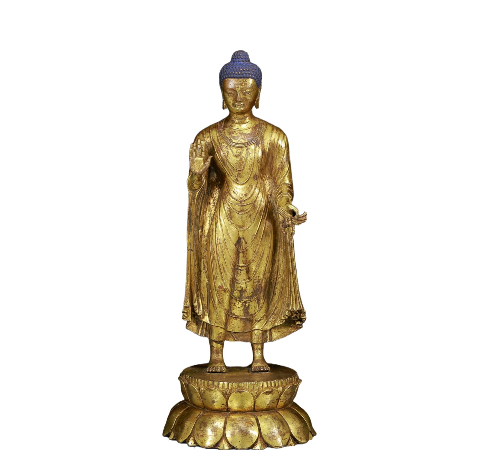 A Solemn Gilt Bronze Statue of Sakyamuni: A Solemn Gilt Bronze Statue of Sakyamuni ,Ming Dynasty, China,Size: 5.5inx14.2in,Weight:2320g 铜鎏金释迦摩尼像，明代