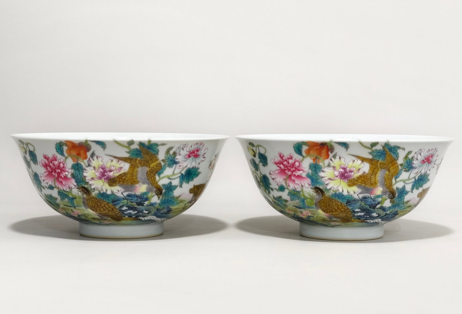 A Pair of Exquisite Enamel Flower and Bird Pattern Bowls,With Poem: A Pair of Exquisite Enamel Flower and Bird Pattern Bowls,With Poem,Qing Dynasty,China,Yongzheng Six-character Mark,Size:3.1inx6.6in 一对珐琅彩花鸟纹