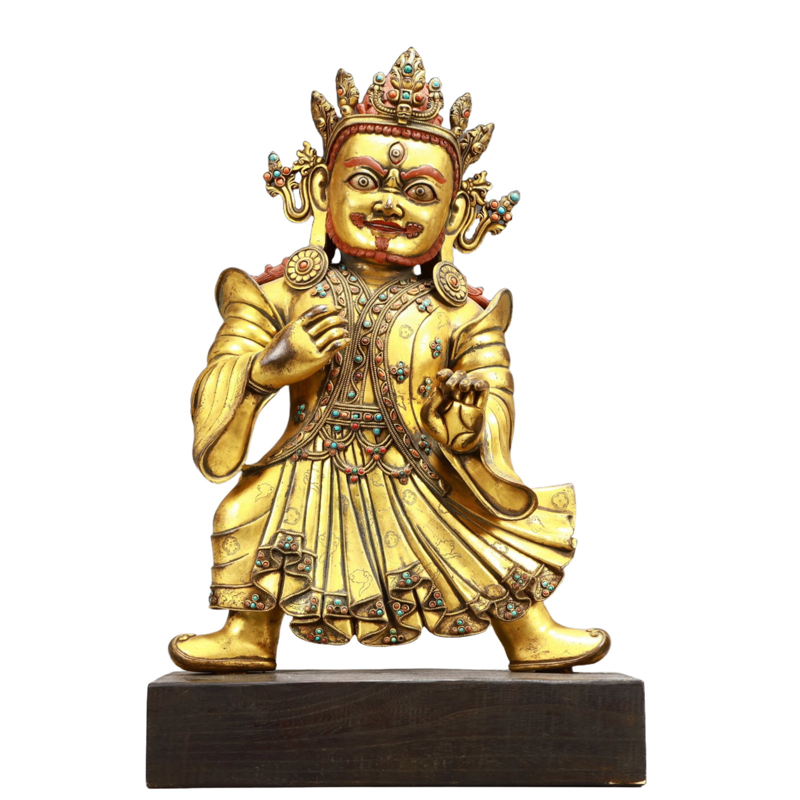 A Solemn Gilt Bronze Statue of Vajra,Inlaid Turquoise: A Solemn Gilt Bronze Statue of Vajra,Inlaid Turquoise,Ming Dynasty,China,Size:15.2inx6.9inx24in,Weight:21900g 铜鎏金金刚像,嵌绿松石,中