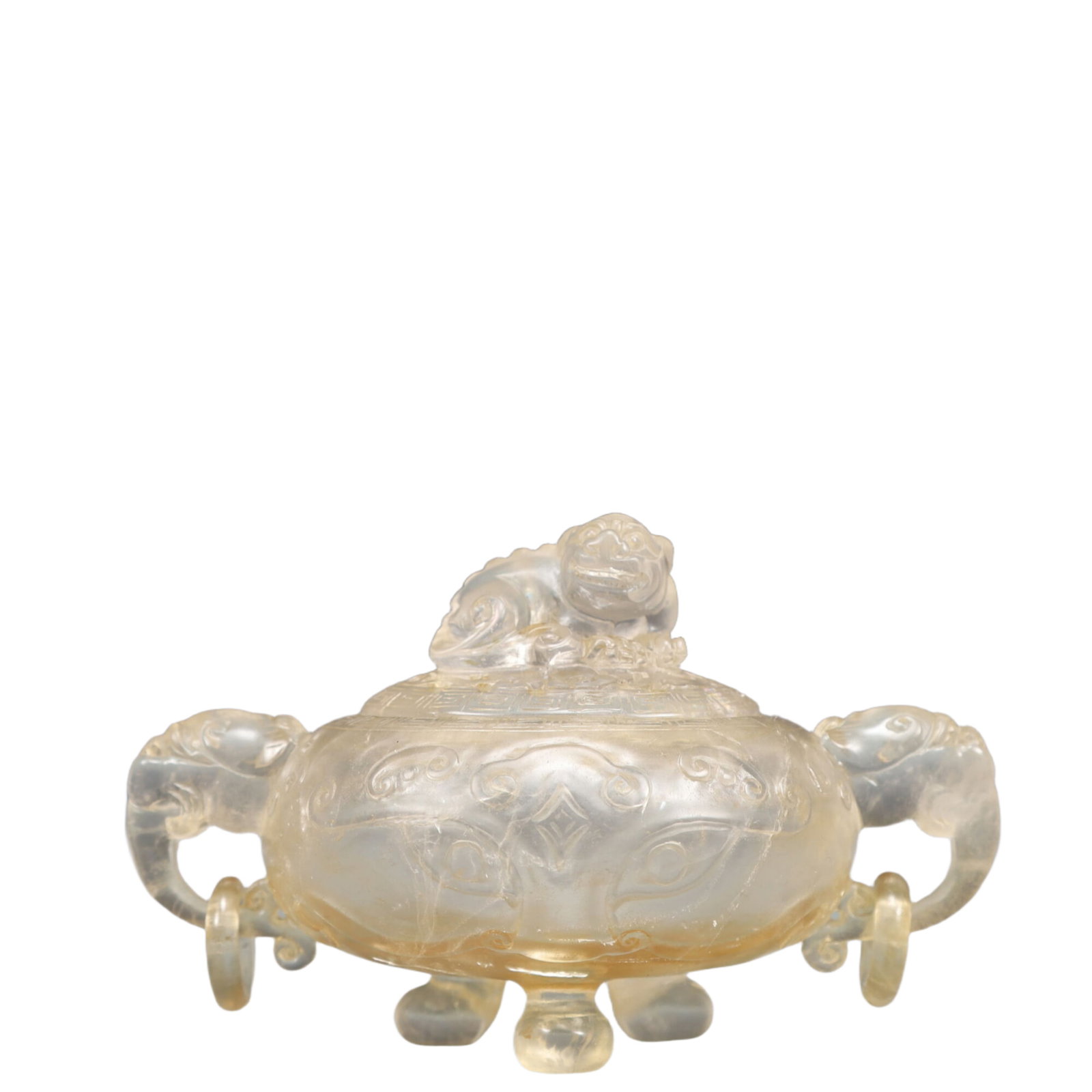 An Exquisite Crystal Beast-Face Pattern Double-Ears and Tripod Censer: An Exquisite Crystal Beast-Face Pattern Double-Ears and Tripod Censer,Qing Dynasty, China,Size:5.7inx3.7inx3.5in Weight:300g 水晶兽面纹双耳三足