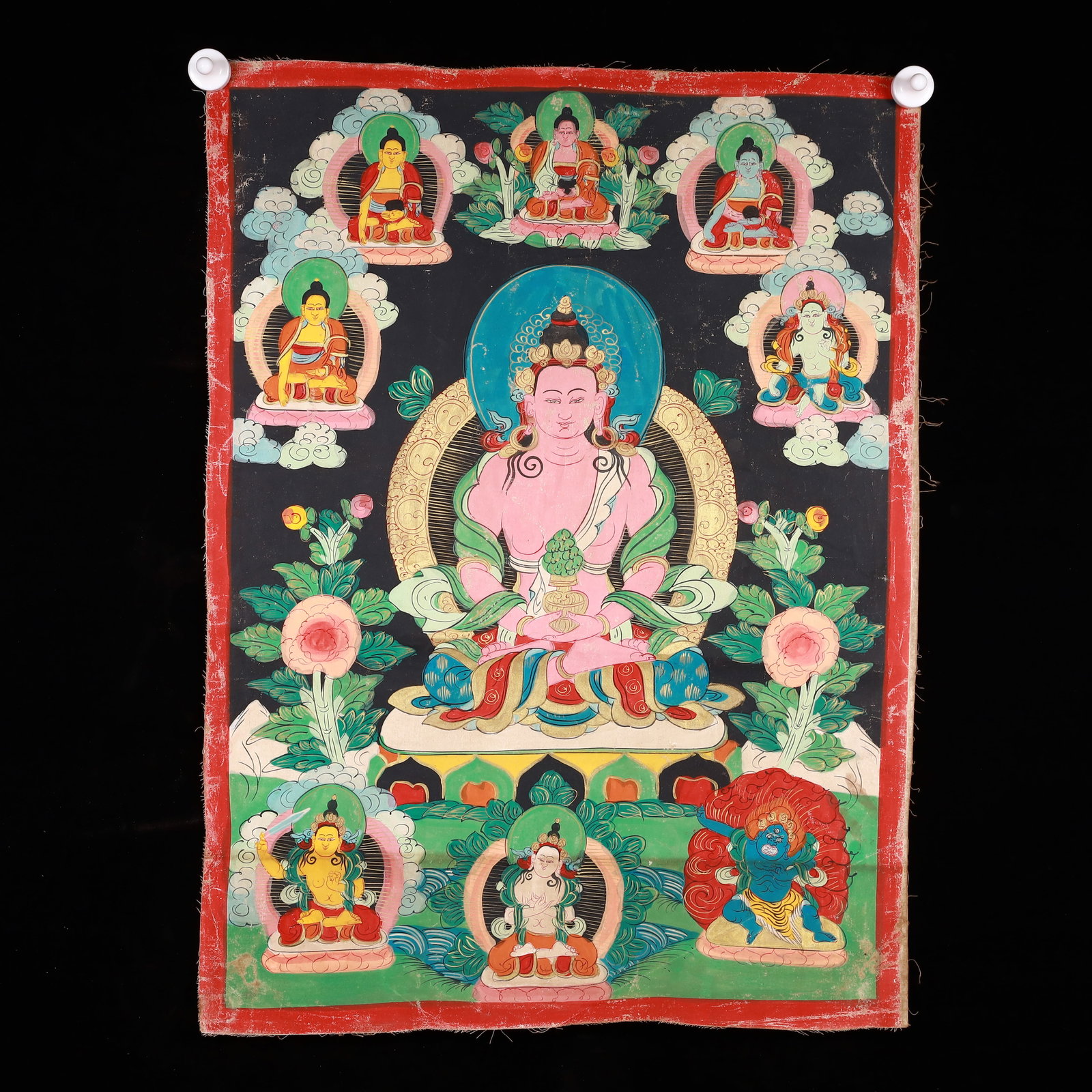 A Rare Painted Color Statue of Amitayus Tangka: A Rare Painted Color Statue of Amitayus Tangka,Qing Dynasty, China,Size:20.1inx27.2in 彩绘无量寿佛像唐卡,中国清代