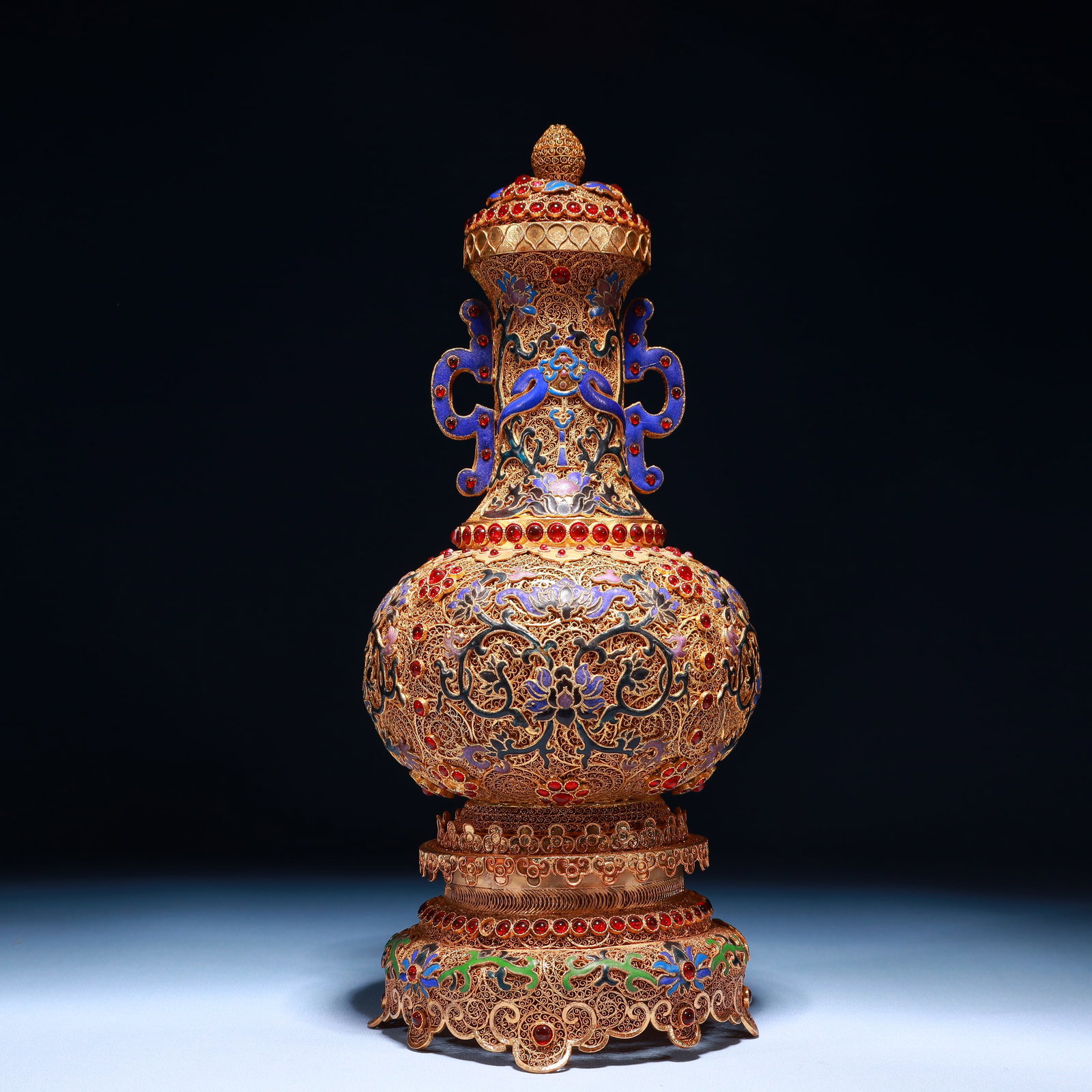 An Exquisite Filigree and Gilding Lotus Pattern Double-Ears Bottle,Inlaid Gems: An Exquisite Filigree and Gilding Lotus Pattern Double-Ears Bottle,Inlaid Gems,Qing Dynasty,China,Qianlong Four-character Mark,Size:5.1inx13in,Weight:1100g 掐丝鎏金缠