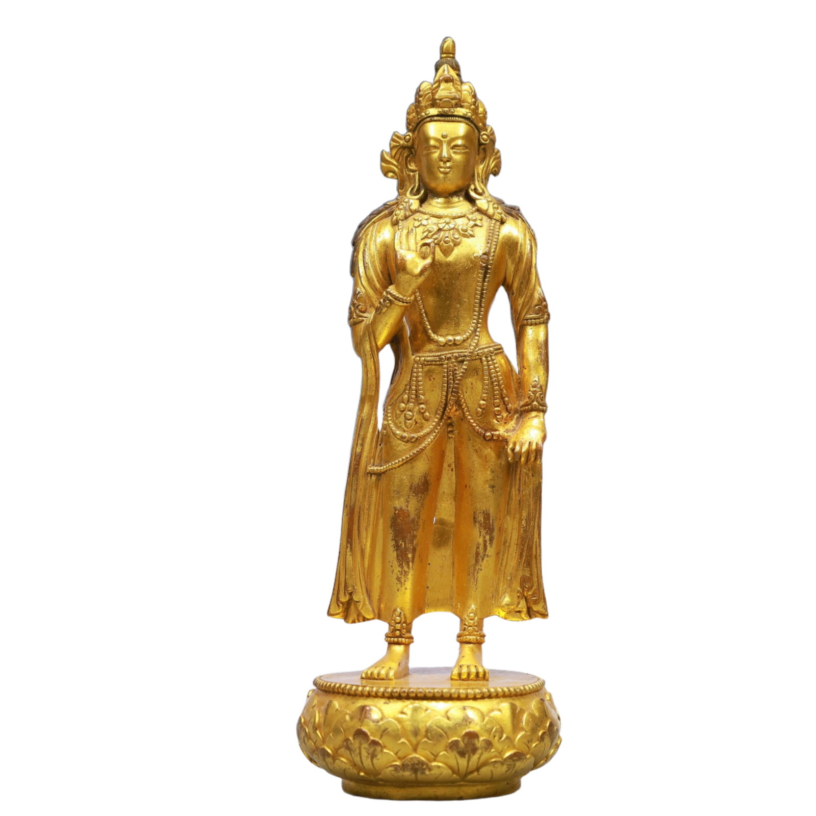 A Solemn Gilt Bronze Statue of Avalokitesvara: A Solemn Gilt Bronze Statue of Avalokitesvara,Qing Dynasty, China,Size:2.8inx8.1in,Weight:750g 铜鎏金观音像,中国清代