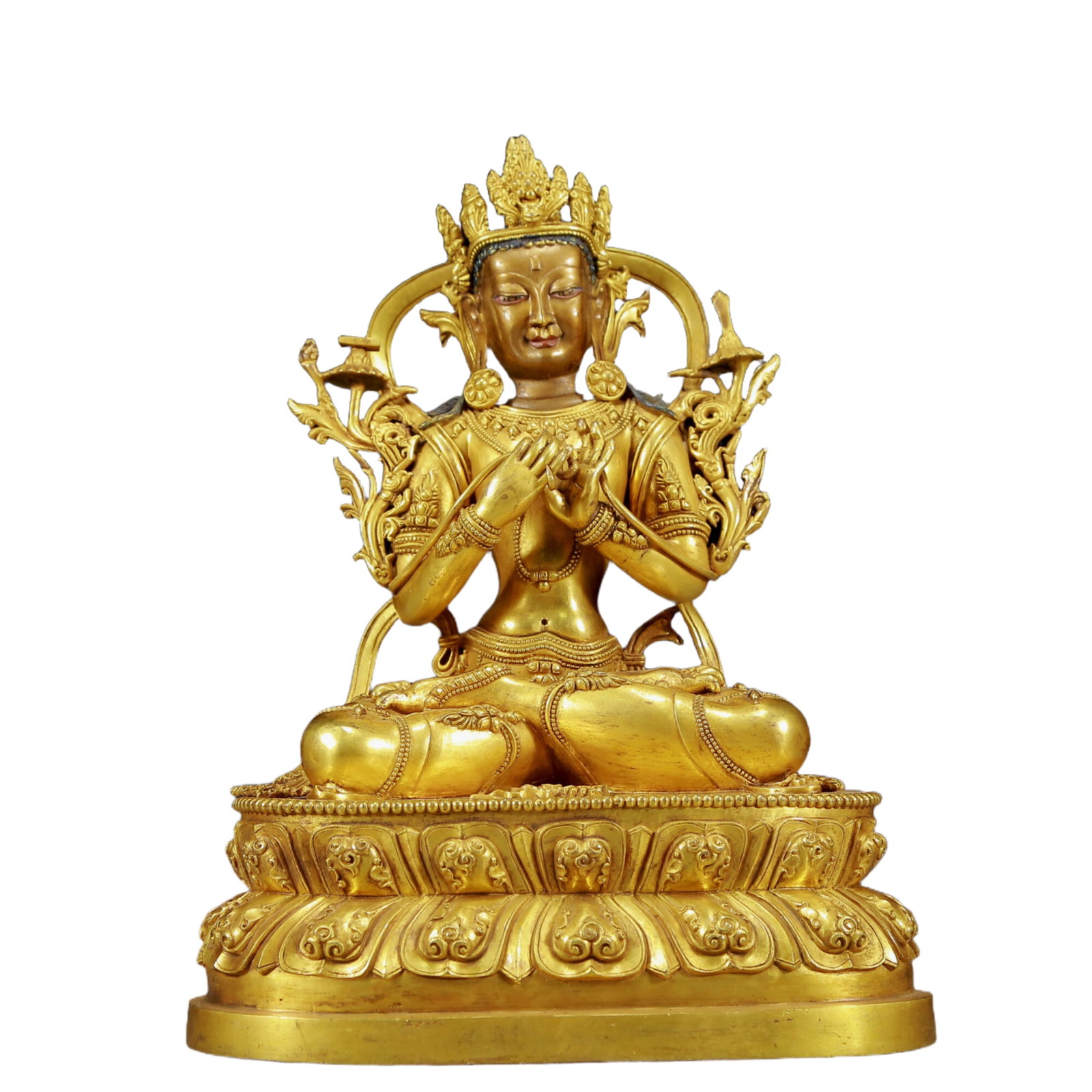 A Solemn Gilt Bronze Statue of Manjusri: A Solemn Gilt Bronze Statue of Manjusri,Ming Dynasty, China,Size:9.4inx5.5inx10.2in,Weight:3670g 铜鎏金文殊菩萨像，明代