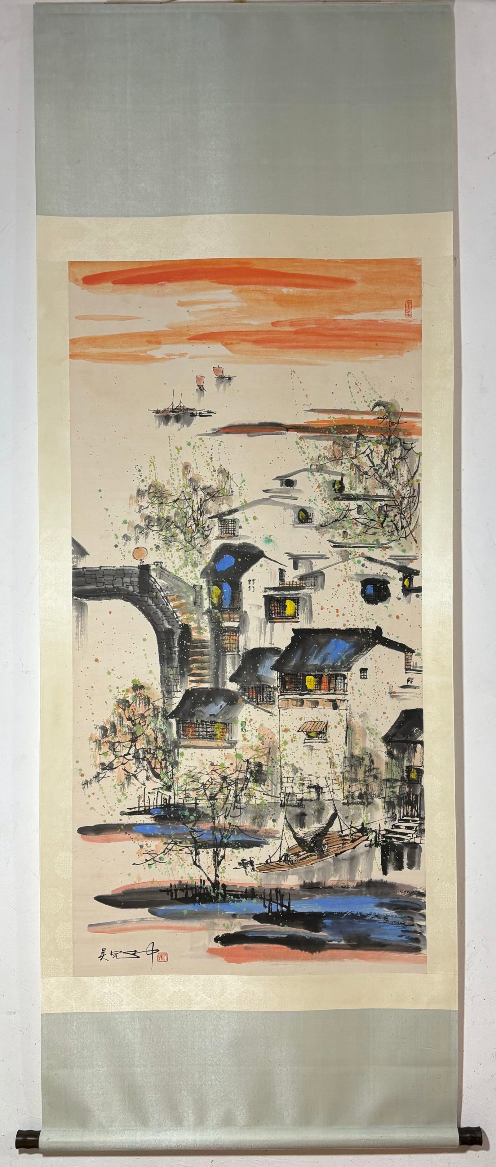A Chinese Vertical Scroll Ink Painting of Landscape on Paper,Wu Guanzhong: A Chinese Vertical Scroll Ink Painting of Landscape on Paper,Wu Guanzhong,Size:(Without frame)54.7inx27in 一幅中国水墨山水画立轴,×