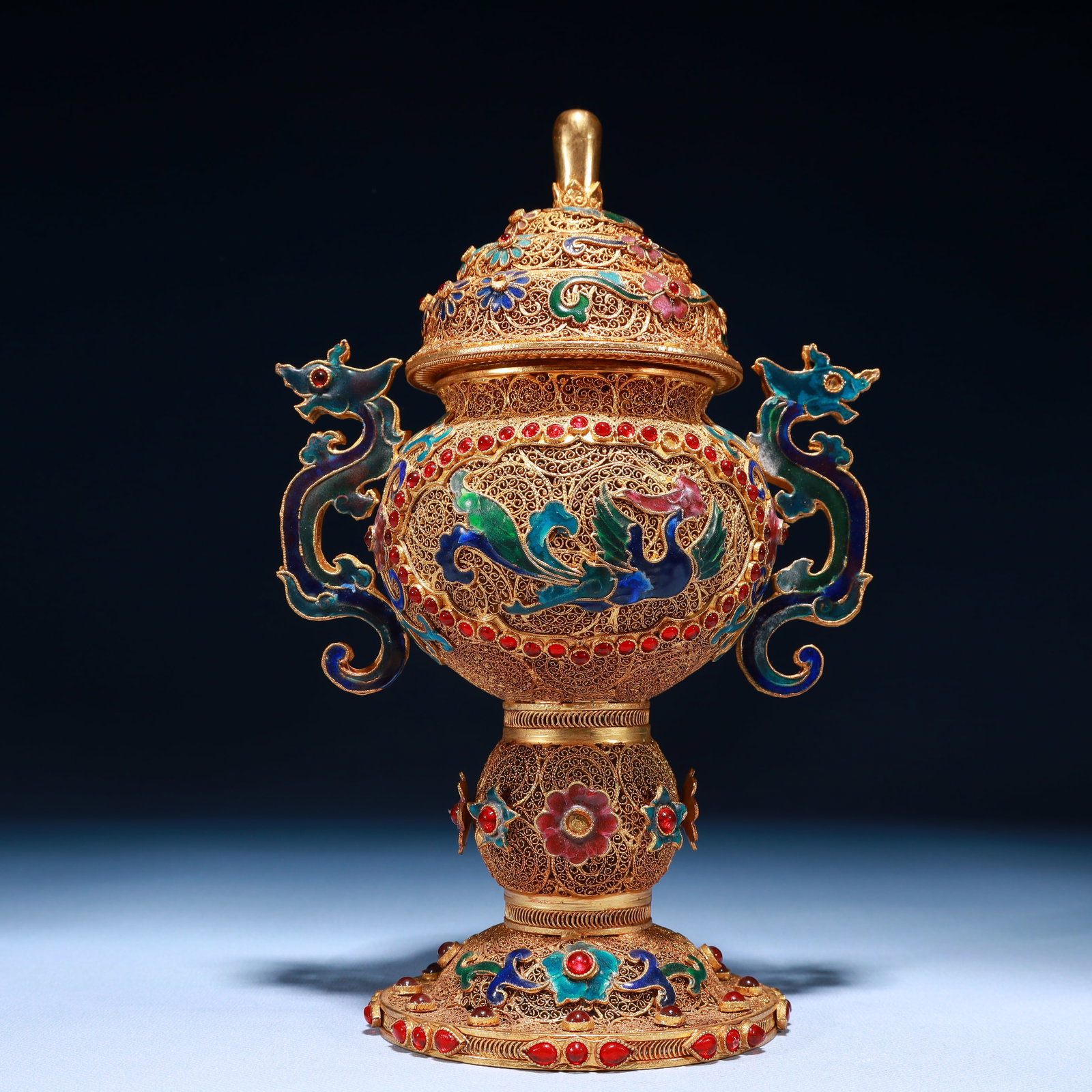 An Exquisite Filigree and Gilding Lotus and Phoenix Pattern Double-Ears Jar with Cover,Inlaid Gems: An Exquisite Filigree and Gilding Lotus and Phoenix Pattern Double-Ears Jar with Cover,Inlaid Gems,Qing Dynasty,China,Qianlong Four-character Mark,Size:5.9inx3.9inx10.2in,Weight:650g 掐丝&