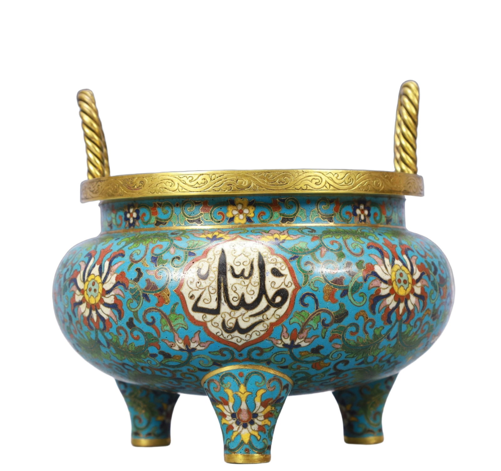 An Exquisite Cloisonne Lotus Pattern Double-Ears and Tripod Censer,With Scriptures: An Exquisite Cloisonne Lotus Pattern Double-Ears and Tripod Censer,With Scriptures,Qing Dynasty, China,Qianlong Four-character Mark,Size:8.3inx7.5in,Weight:2200g 景泰蓝缠ੜ